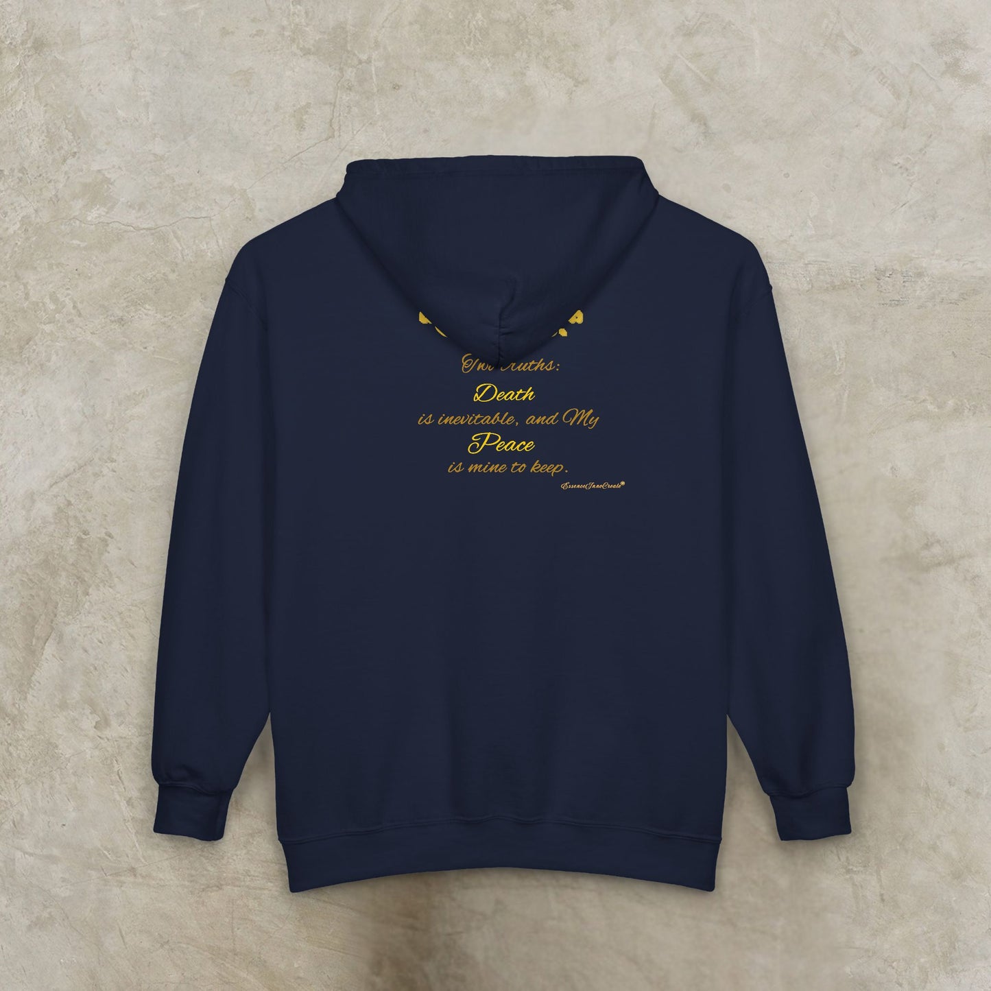 Navy blue Essence Innovation 'One Life' hoodie with yellow text on a beige background