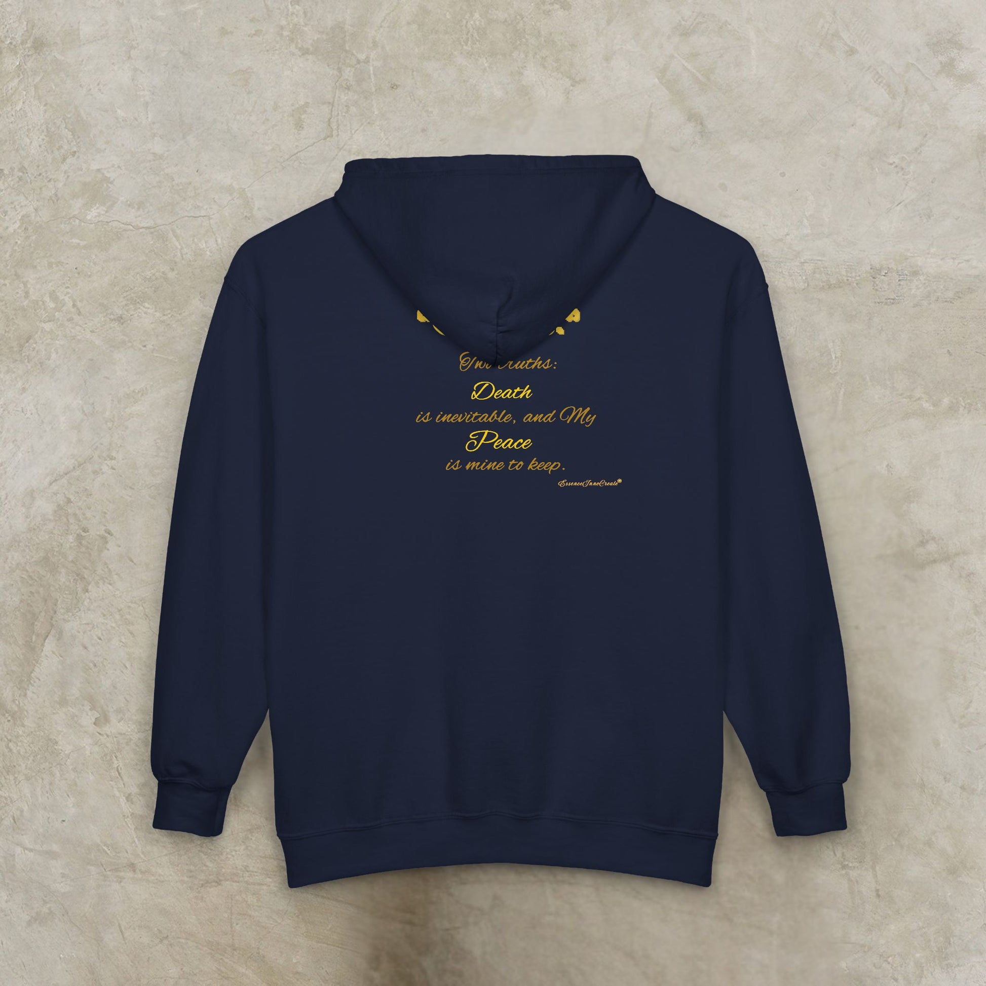 Navy blue Essence Innovation 'One Life' hoodie with yellow text on a beige background