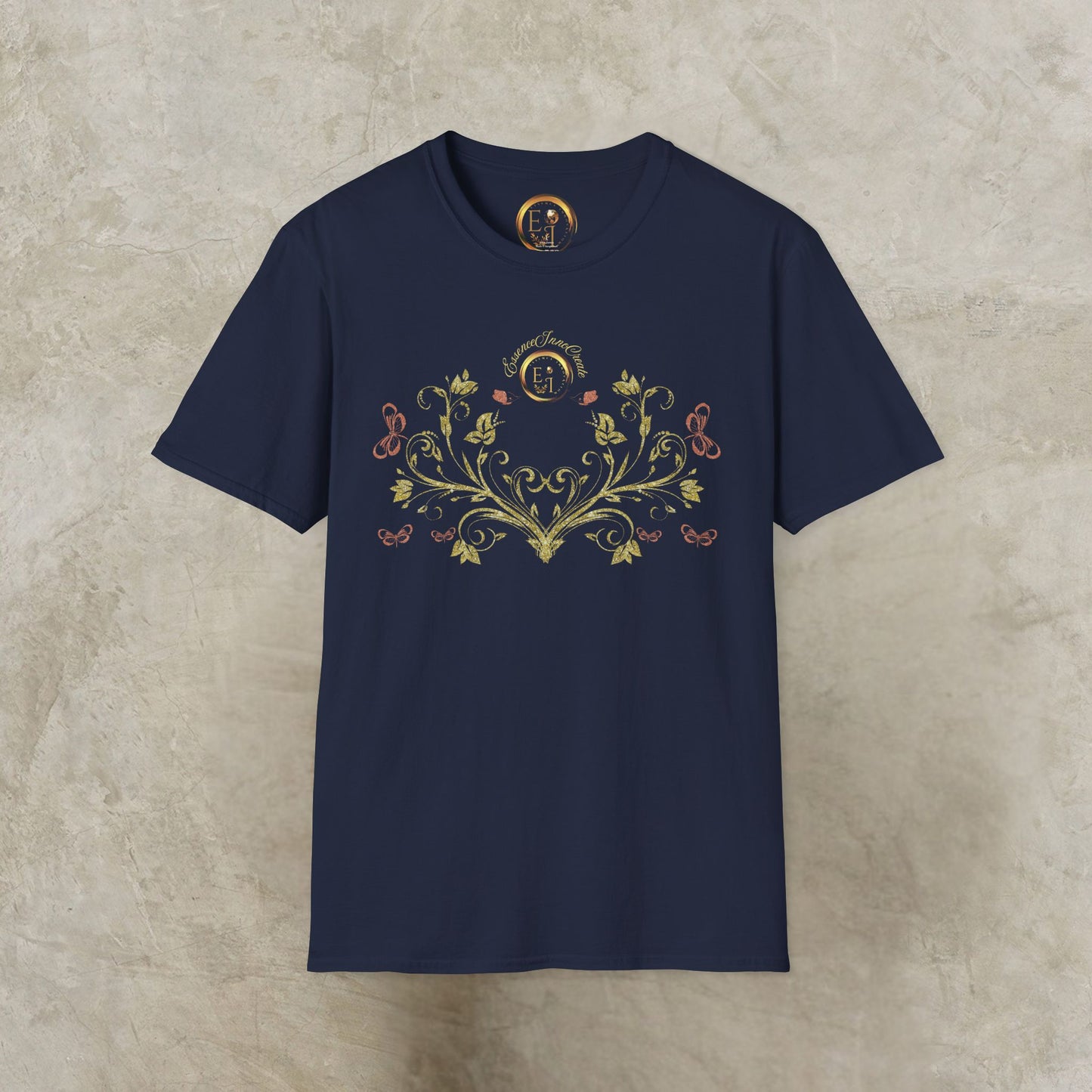 Navy blue t-shirt with decorative Essence Innovation Bohemian Butterfly emblem on a beige background