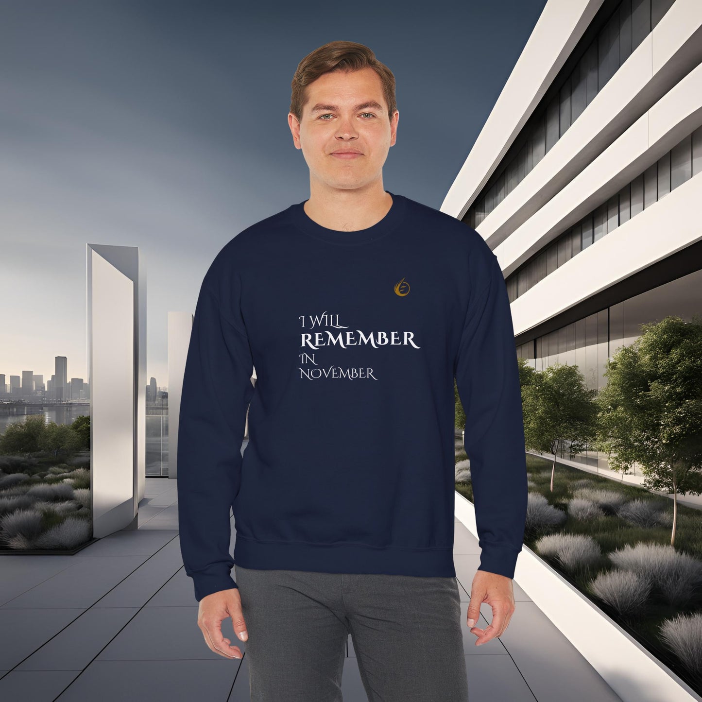 Man wearing a navy blue EssenceInnoCreate Quiet Resolve sweatshirt with text in an urban setting