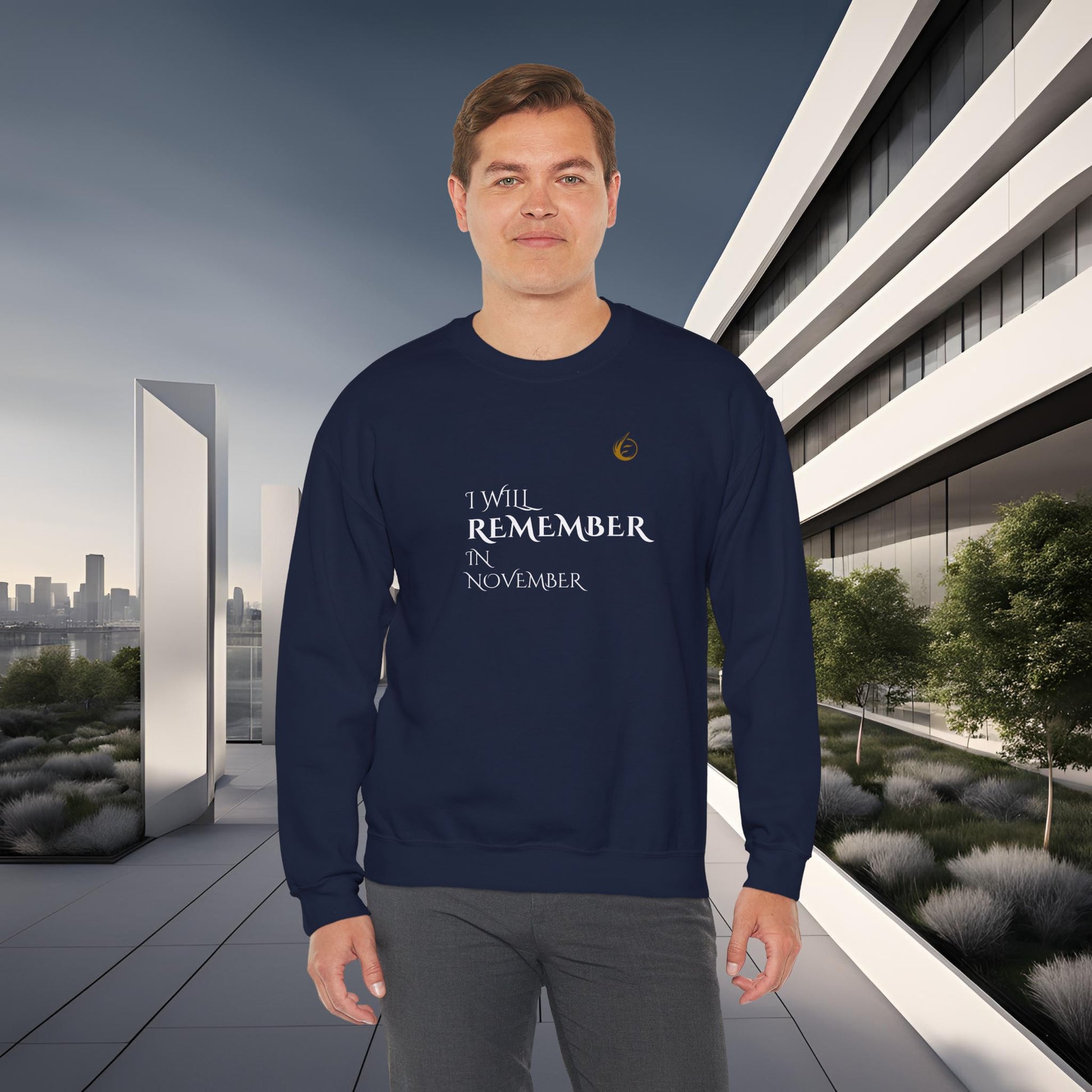 Man wearing a navy blue EssenceInnoCreate Quiet Resolve sweatshirt with text in an urban setting