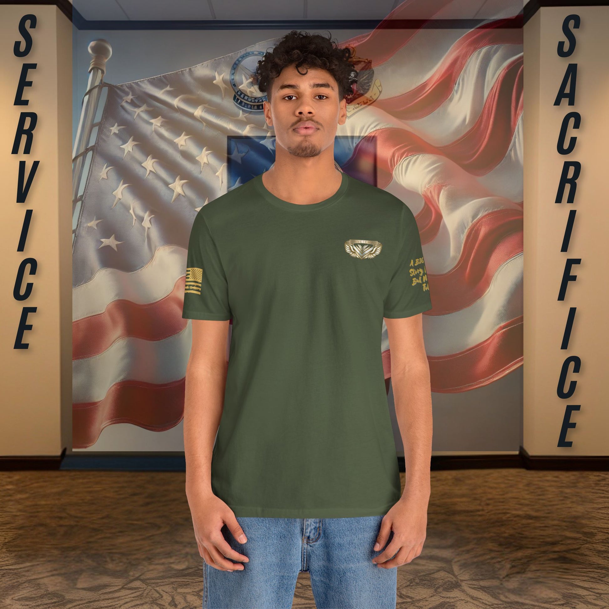 Person wearing a green t-shirt with a logo in front of an American flag and 'Service' and 'Sacrifice' text.