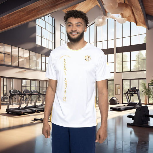 Man wearing a white t-shirt with Essence Innovation logo and text in a modern gym setting
