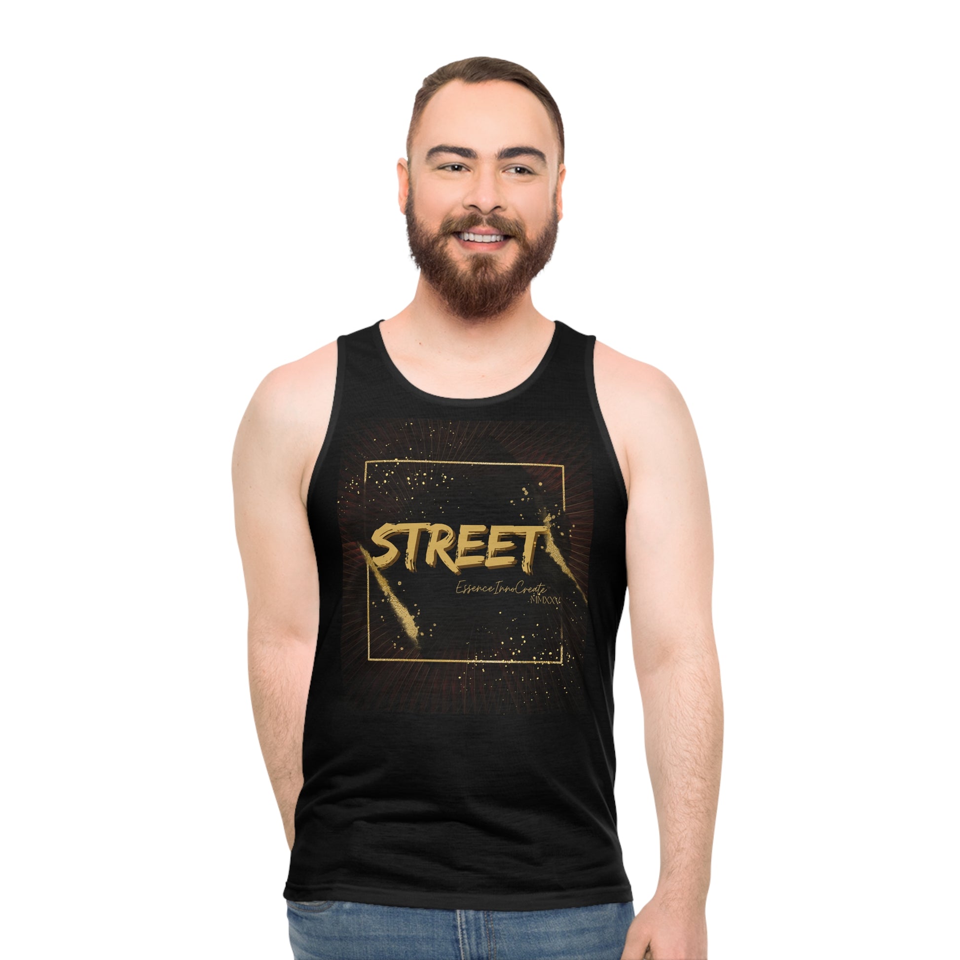Man wearing a black EssenceInnoCreate tank top with 'STREET' printed in gold on a white background