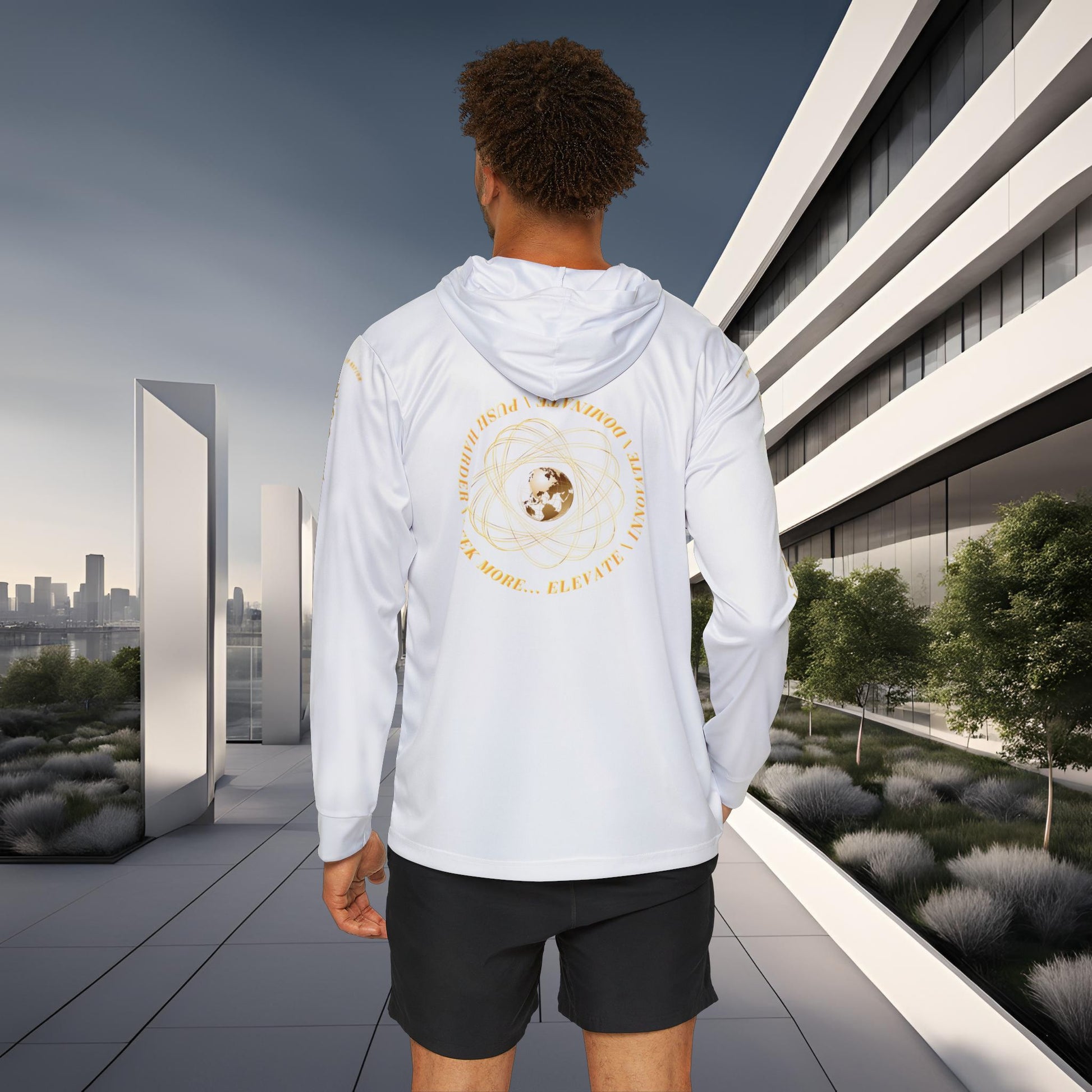Person wearing a white Essence Innovation Seek More hoodie with a design on the back, standing in an urban setting.