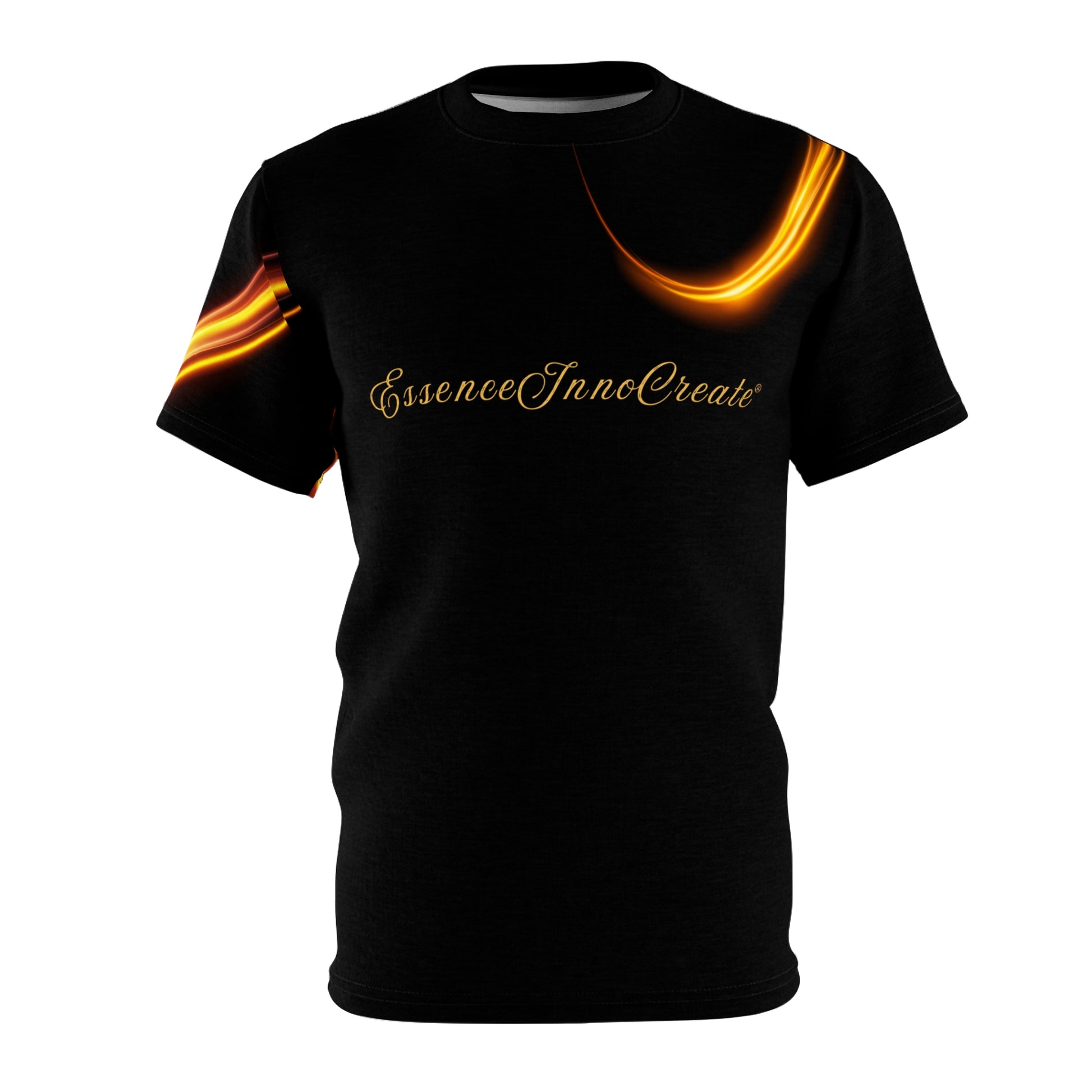 Black t-shirt with gold flame design and 'EssenceInnoCreate' text on a white background