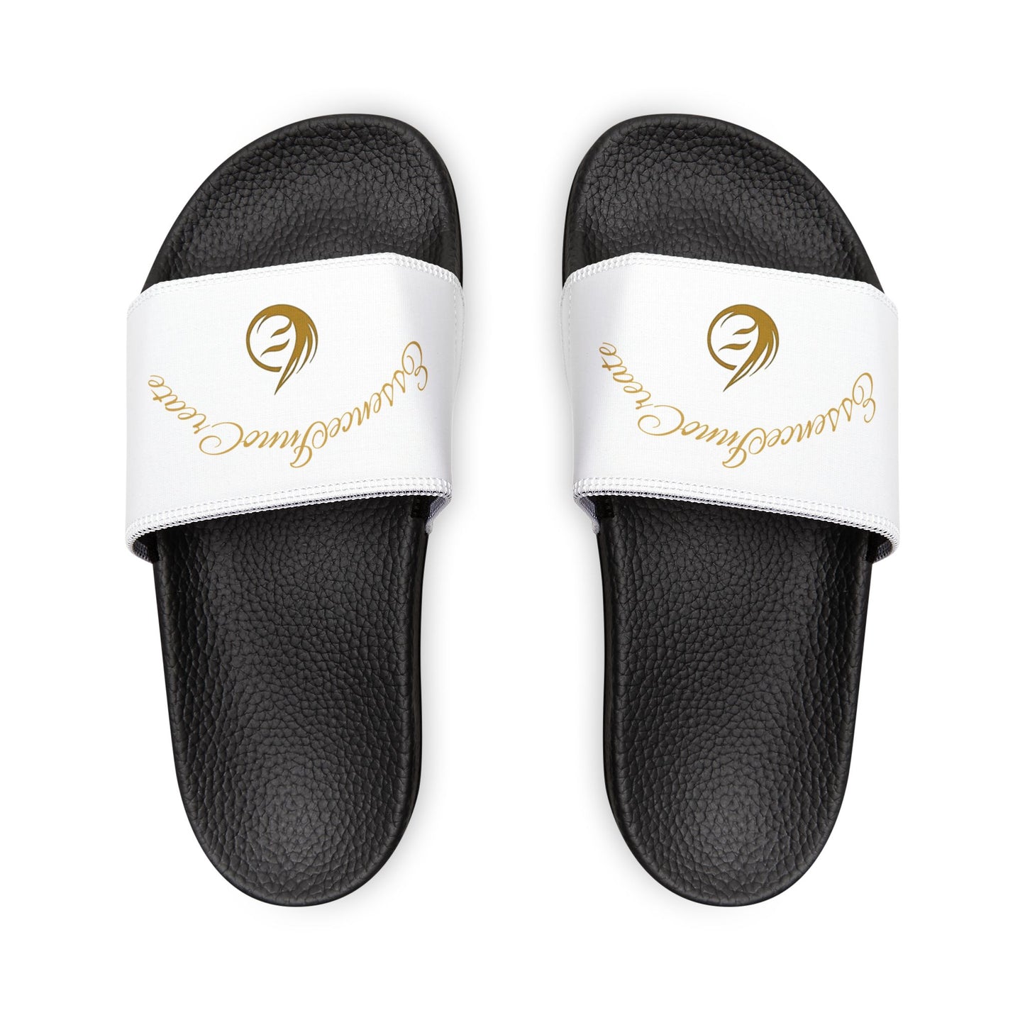Black EssenceInnoCreate slides with white straps featuring a logo and text on a white background