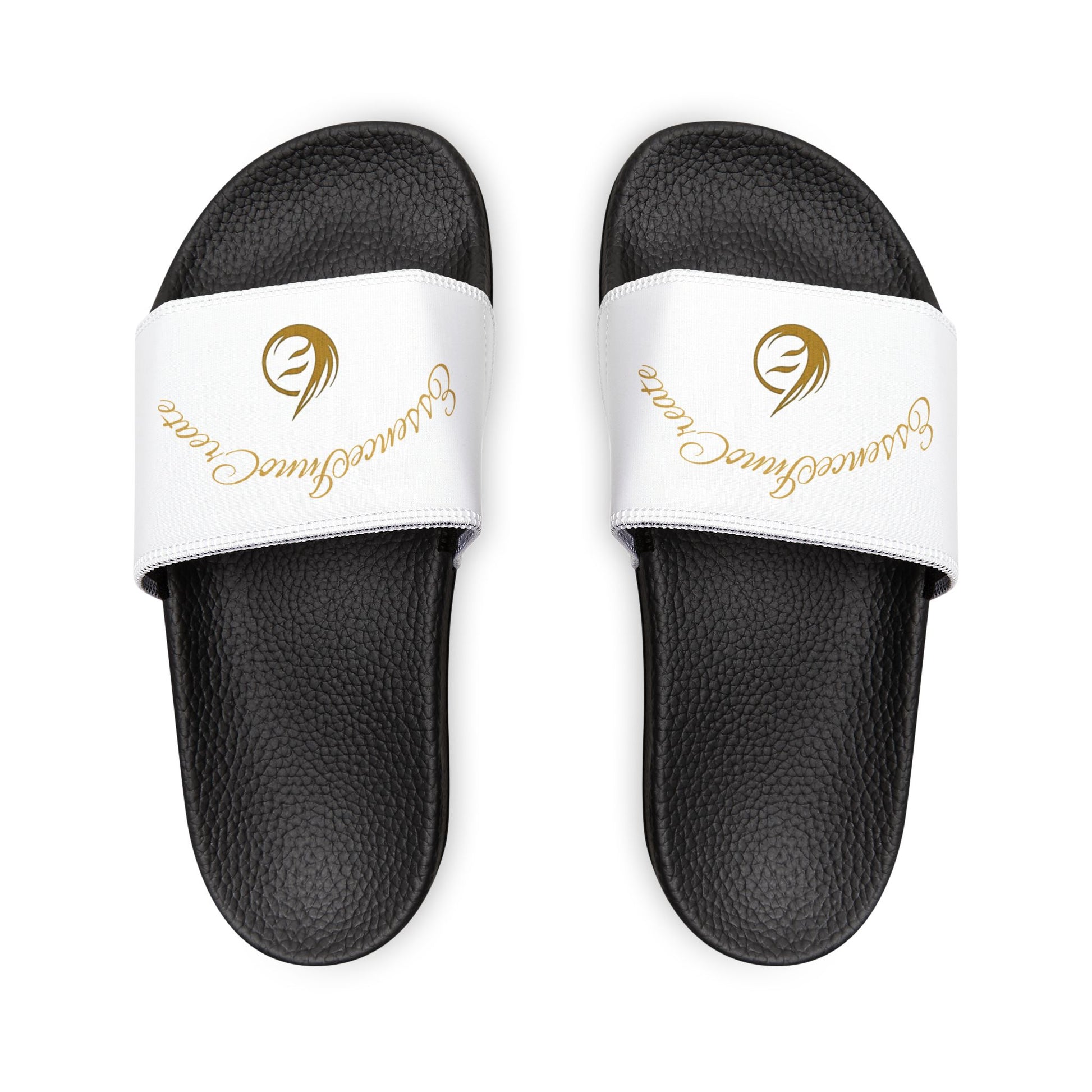 Black EssenceInnoCreate slides with white straps featuring a logo and text on a white background