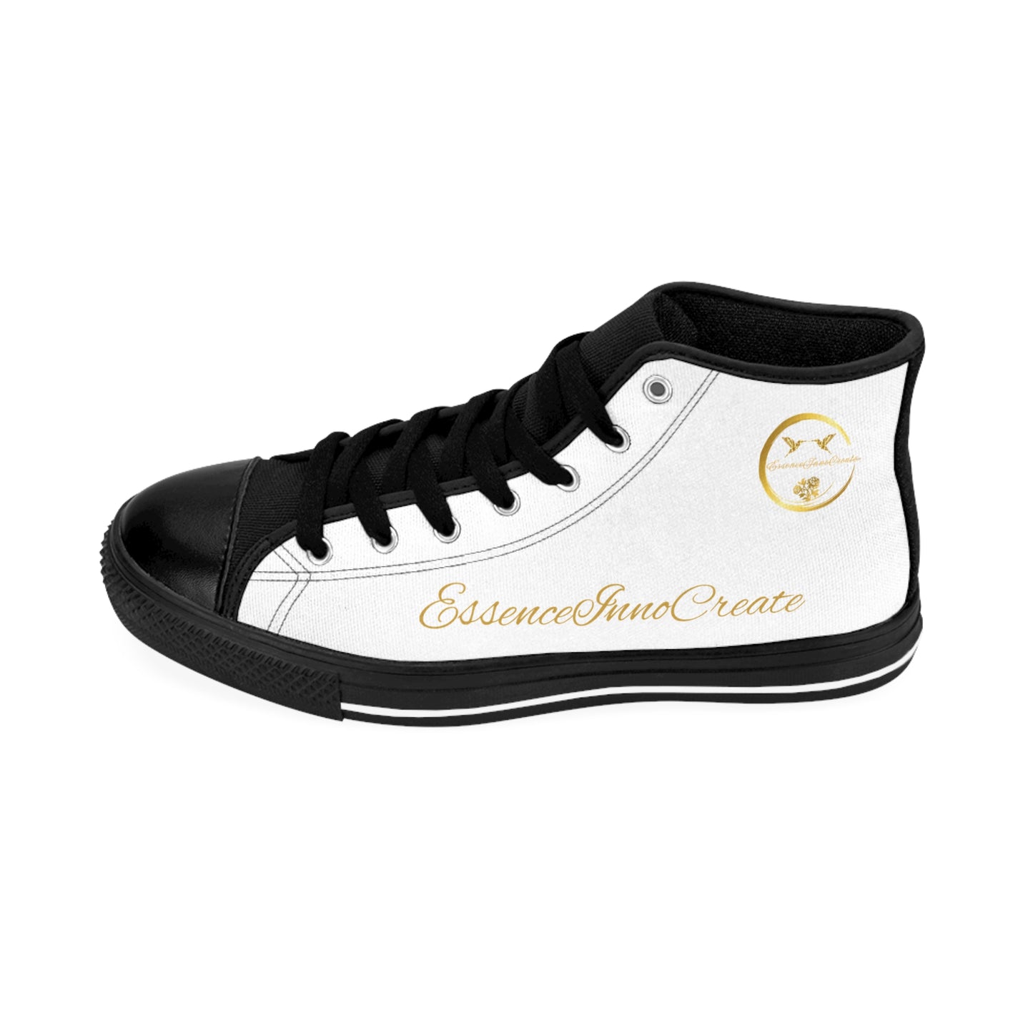 Black high-top sneaker with white side panel featuring 'EssenceInnoCreate' branding on a white background.