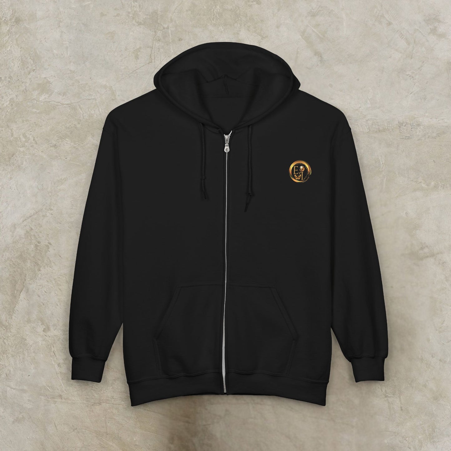 Black Essence Innovation 'One Life' hoodie with a gold logo on a beige background