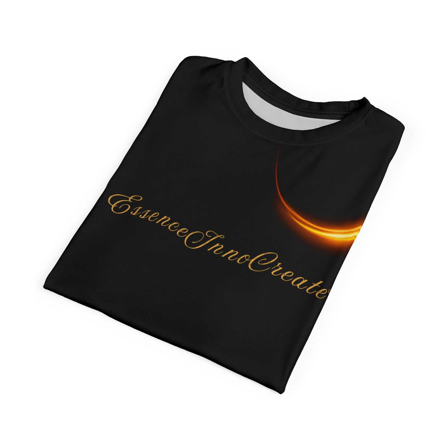 Black t-shirt with 'EssenceInnoCreate' text and design on a white background