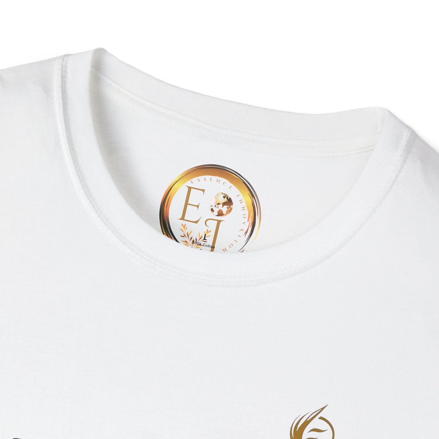 White EssenceInnoCreate Quiet Resolve t-shirt with a gold and black logo on a white background