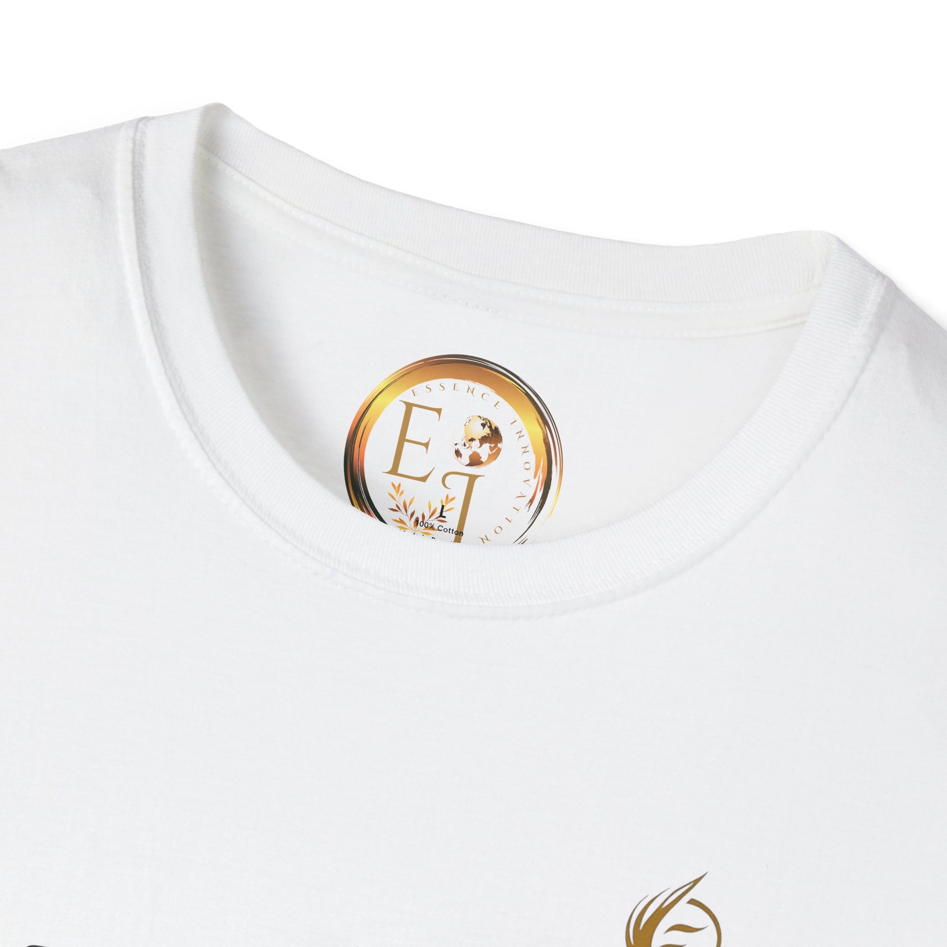 White EssenceInnoCreate Quiet Resolve t-shirt with a gold and black logo on a white background