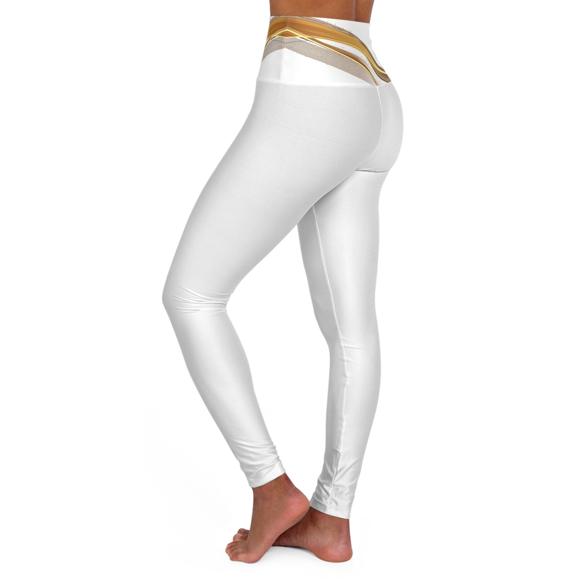 White leggings with a gold waistband on a white background