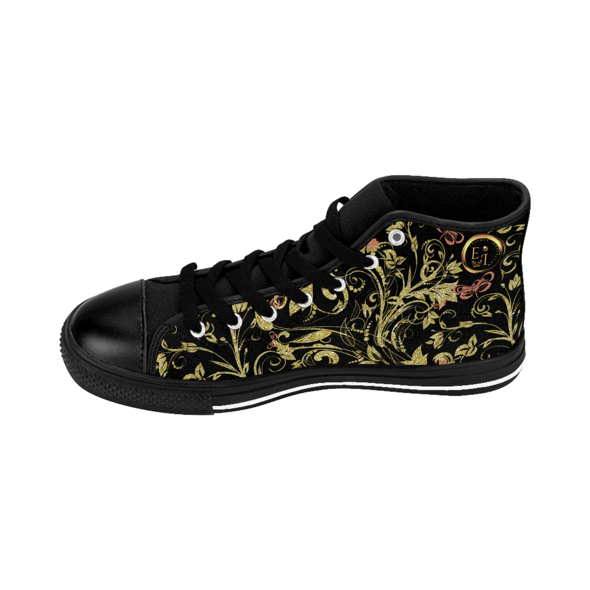 Black Essence Innovation high-top sneaker with gold floral pattern on a white background
