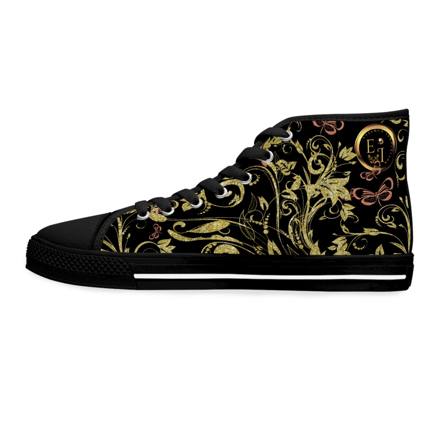 Bohemian Butterfly Heart | Black | Black Sole HighTop Sneakers