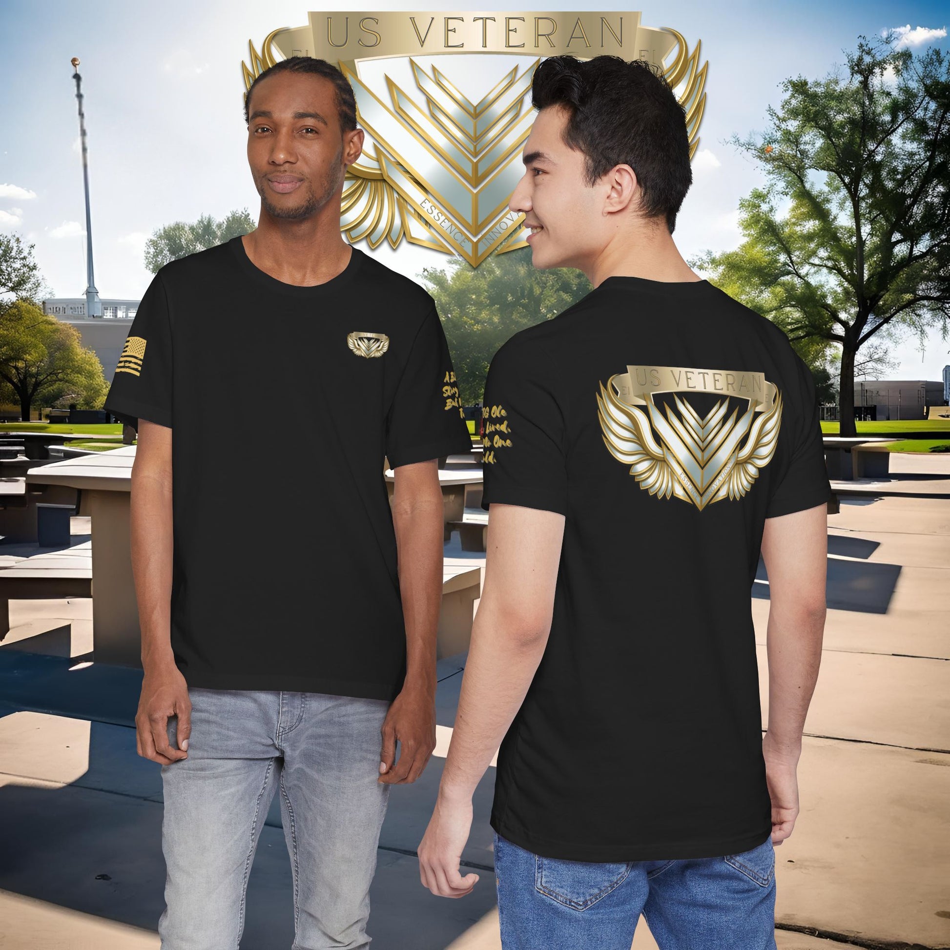 Two men wearing black t-shirts with a gold 'US Veteran' design, one on the front and one on the back, in an outdoor setting.