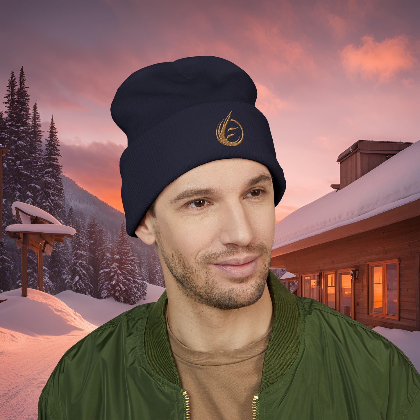 Man wearing a black beanie with a EssenceInnoCreate logo in a snowy landscape with a cabin and sunset.