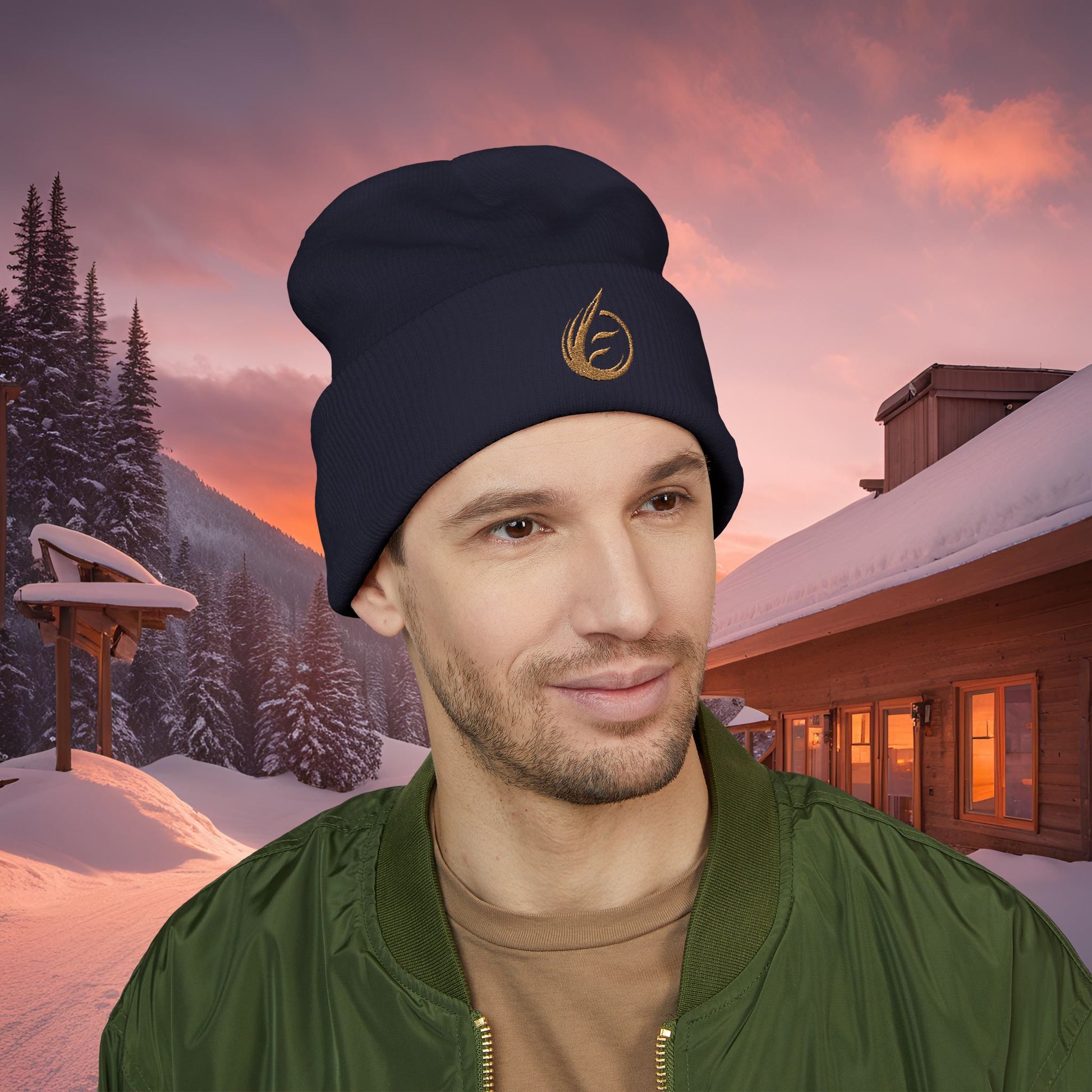 Man wearing a black beanie with a EssenceInnoCreate logo in a snowy landscape with a cabin and sunset.
