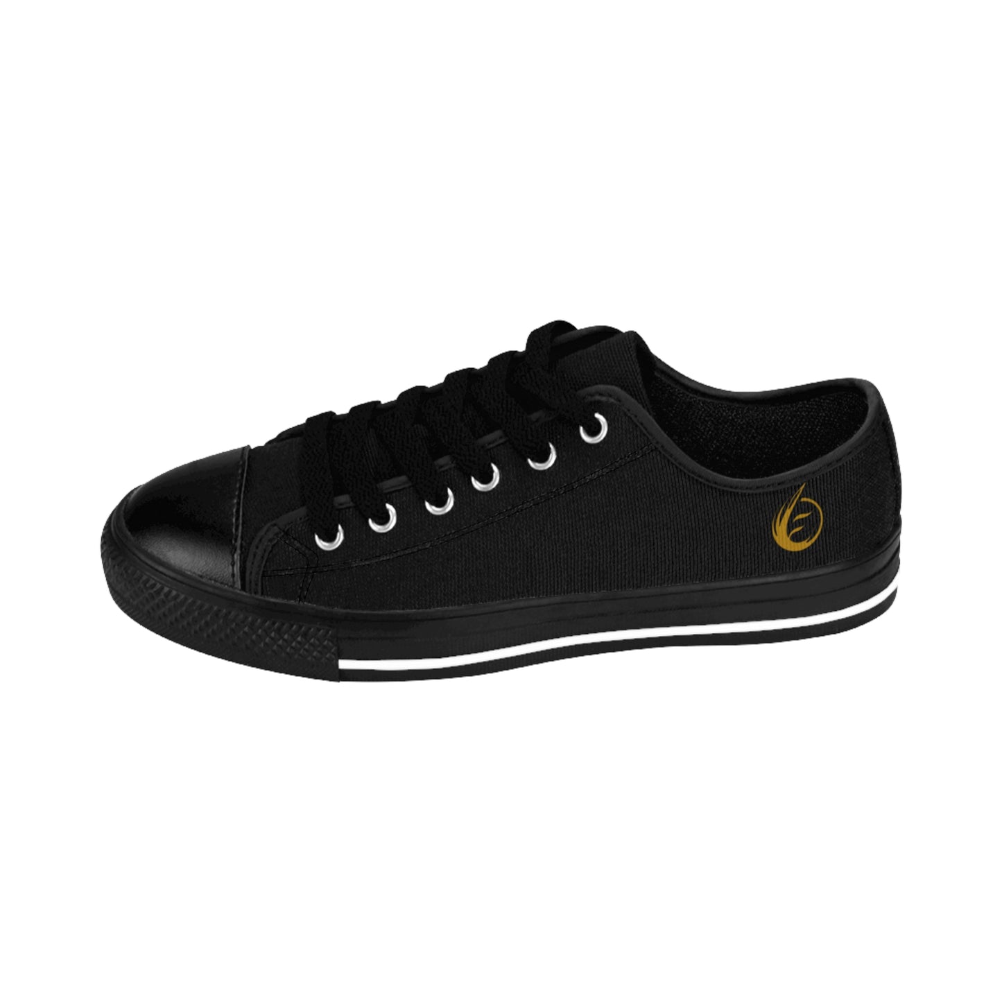 Black sneaker with a yellow EssenceInnoCreate logo on a white background