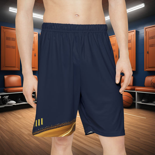Person wearing navy blue shorts in a locker room setting