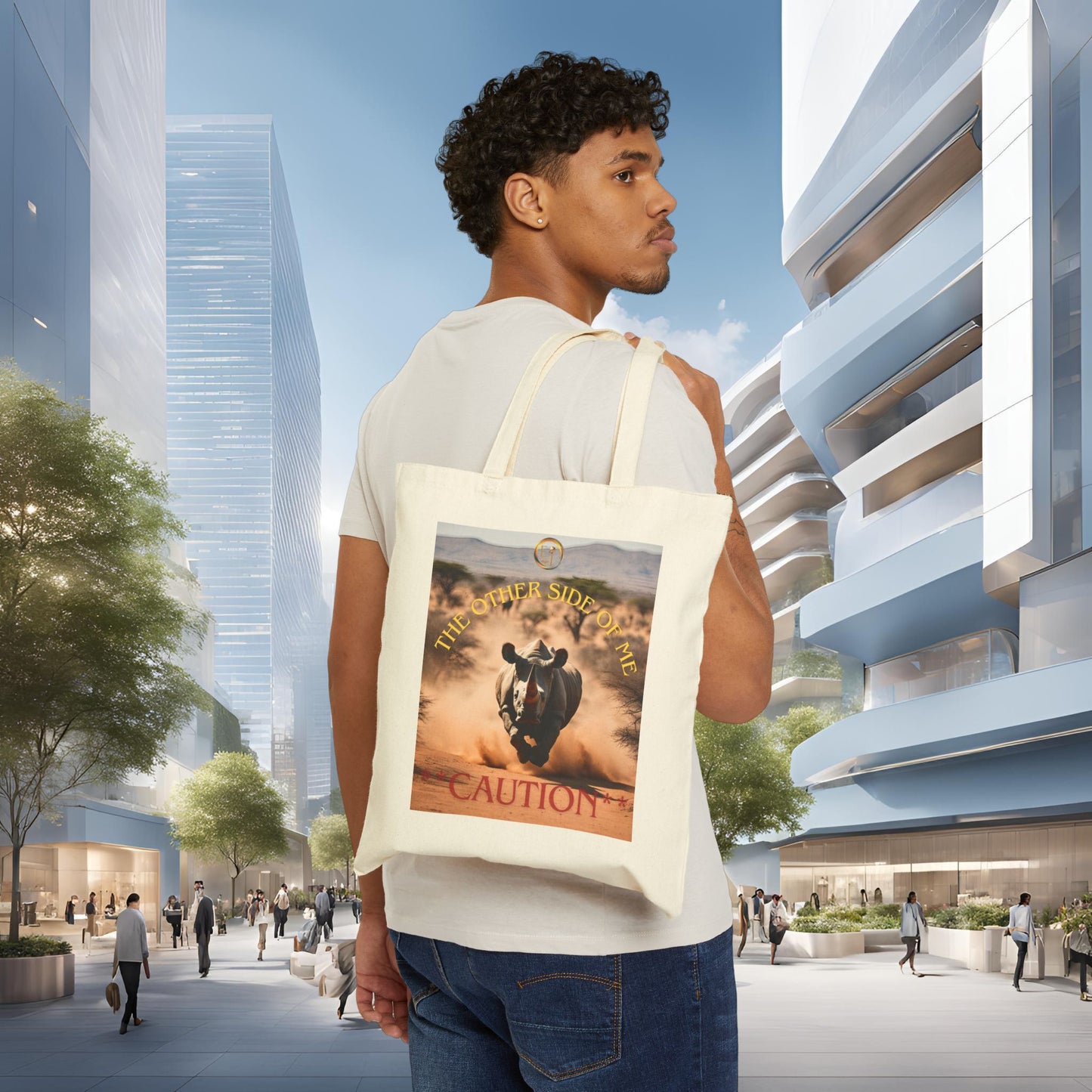 Caution Rhino Cotton Canvas Tote Bag, Eco-Friendly Shopping Bag, Animal Lovers Gift, Beach Tote, Adventure Carryall