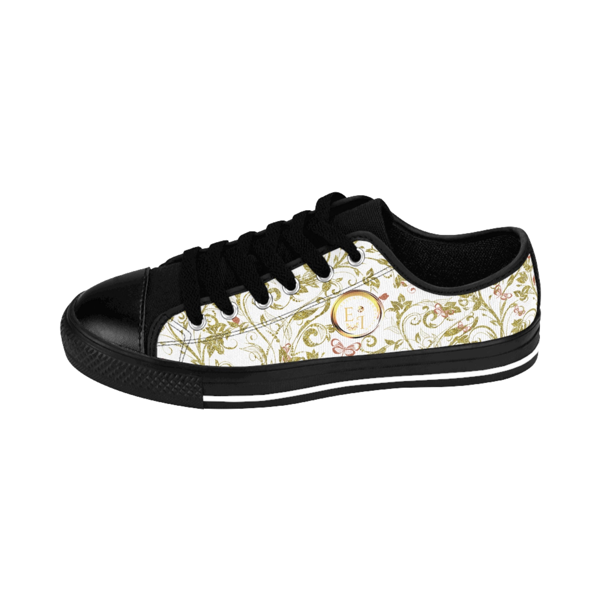 Black Essence Innovation sneaker with floral pattern on a white background