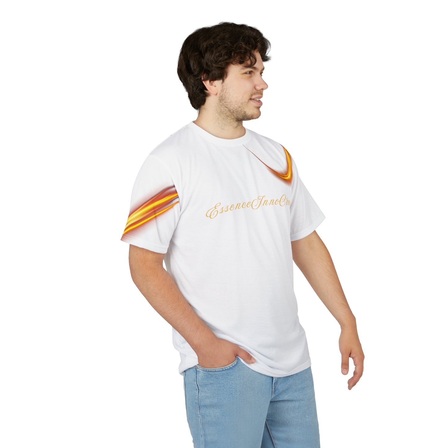Man wearing a white t-shirt with colorful stripes and text on a white background