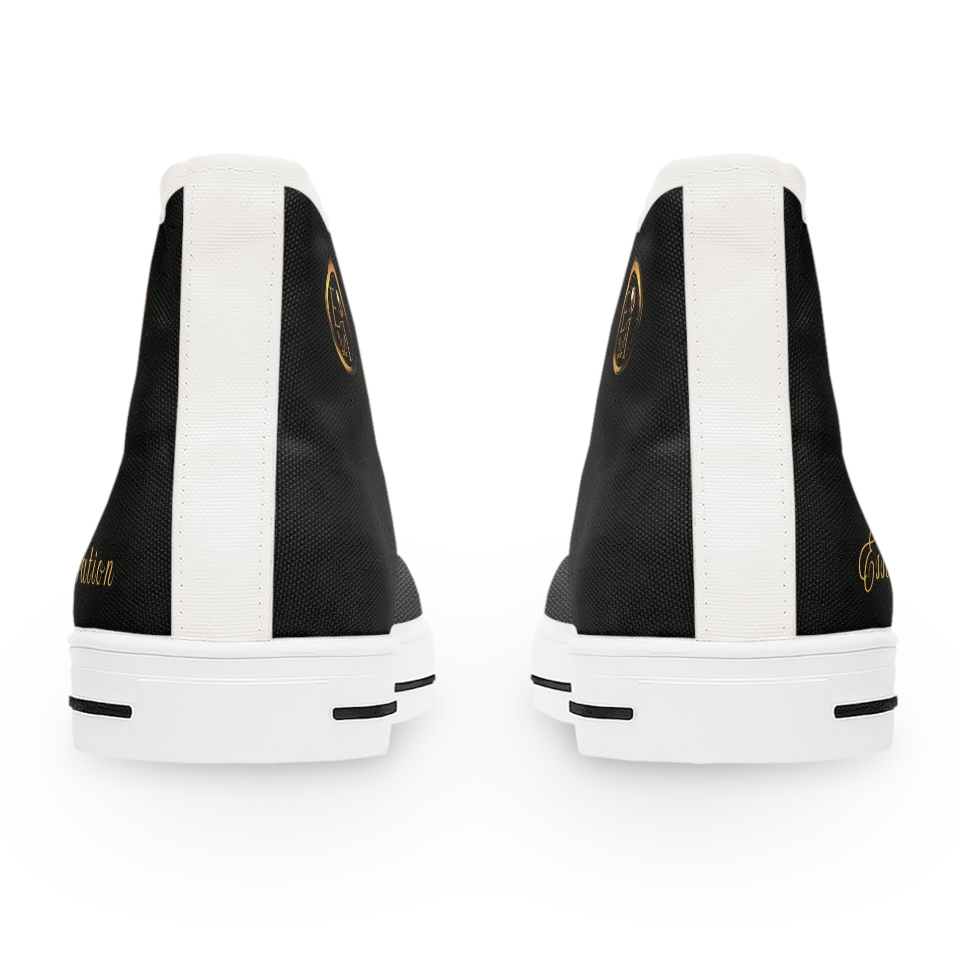 Black and white 'Essence Innovation' shoes with gold accents on a white background