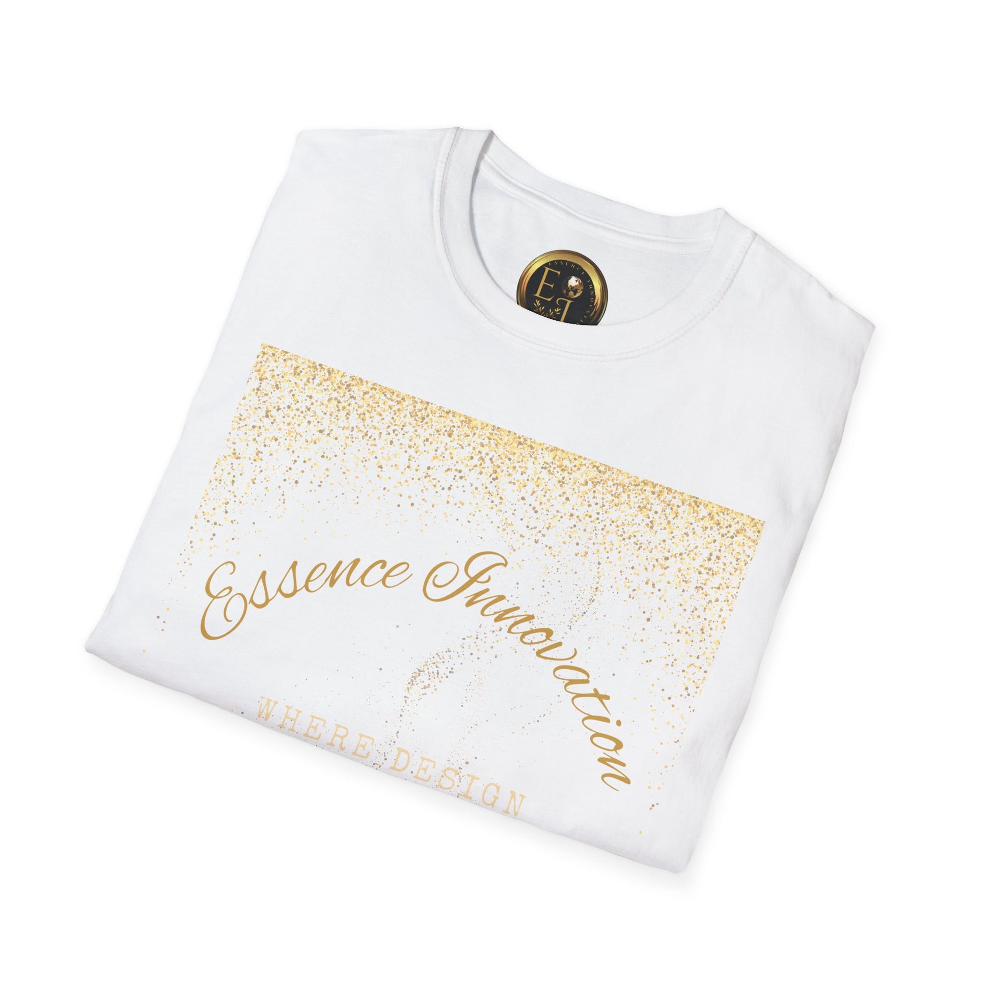 White t-shirt with gold Essence Innovation 'Design Meets Soul' text and logo on a white background