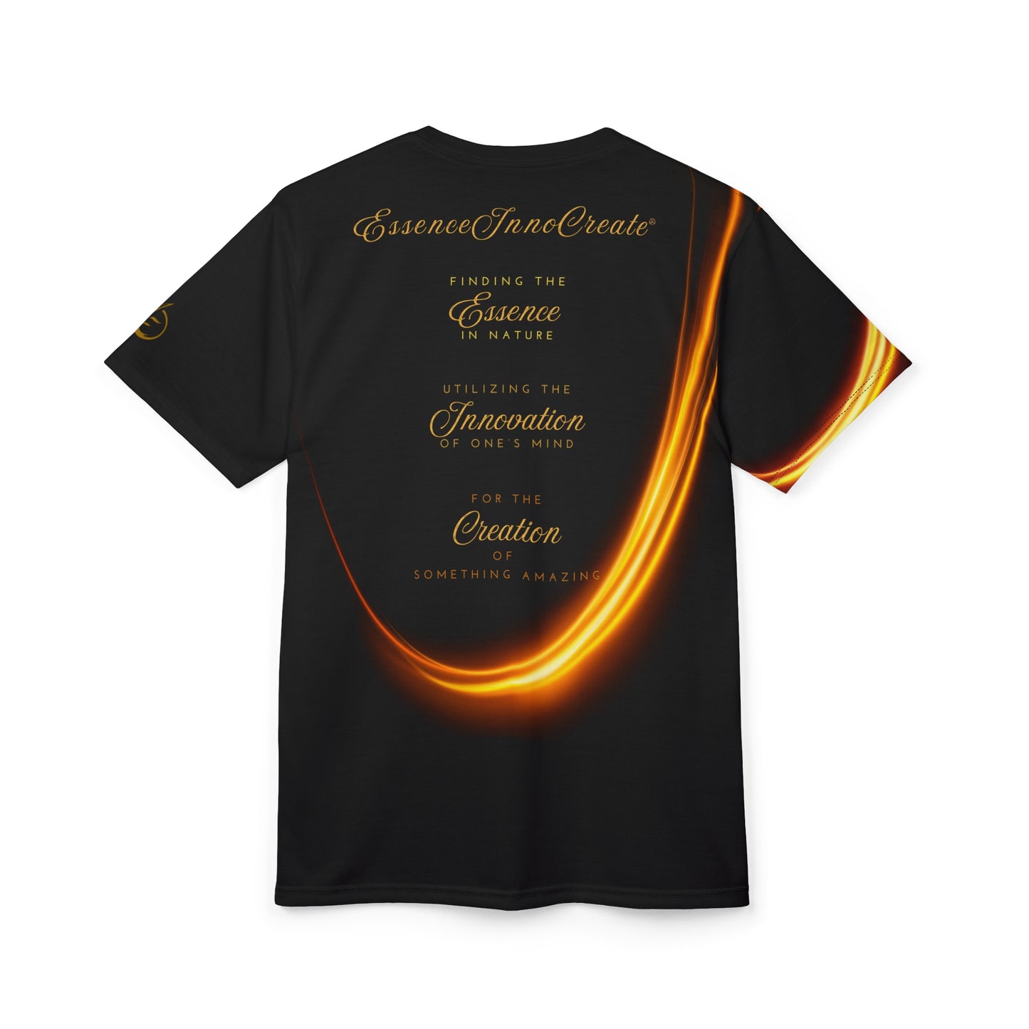 Black 'EssenceInnoCreate' t-shirt with orange design and text on a white background