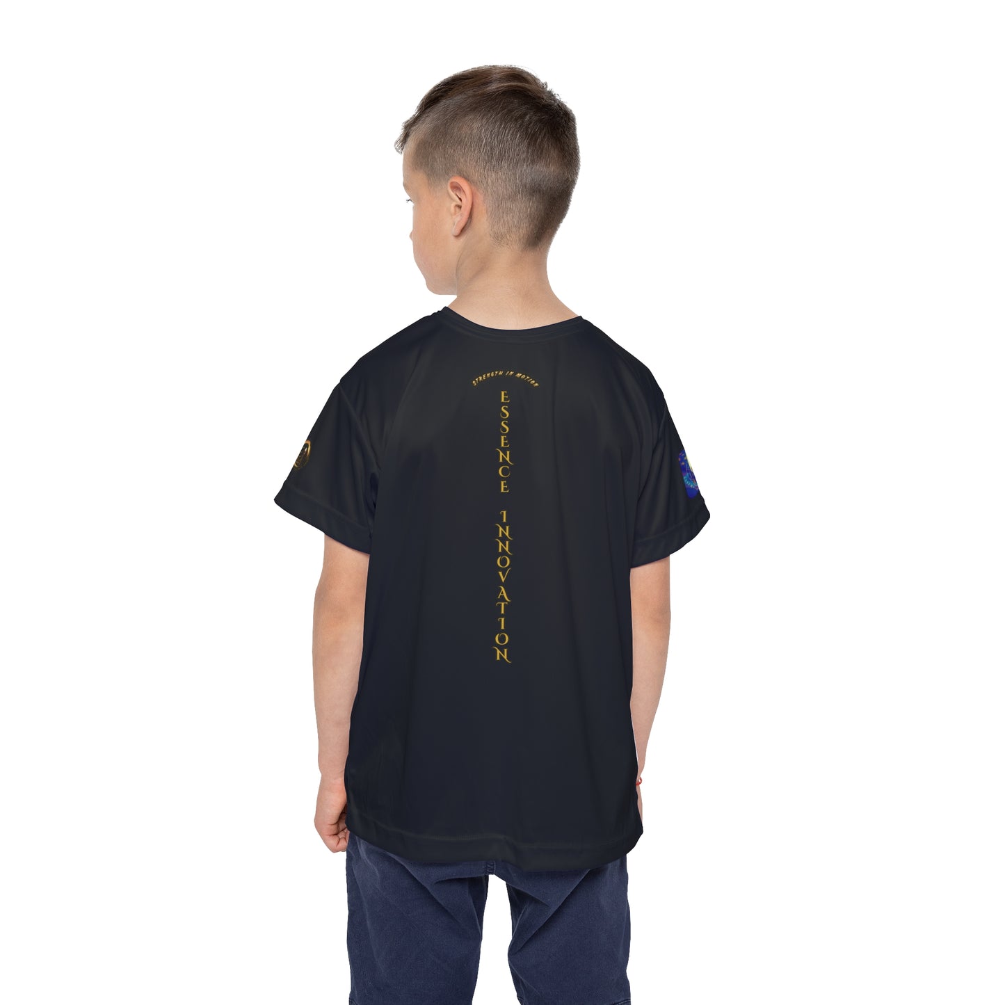 Child wearing a black Essence Innovation t-shirt with text on the back against a white background