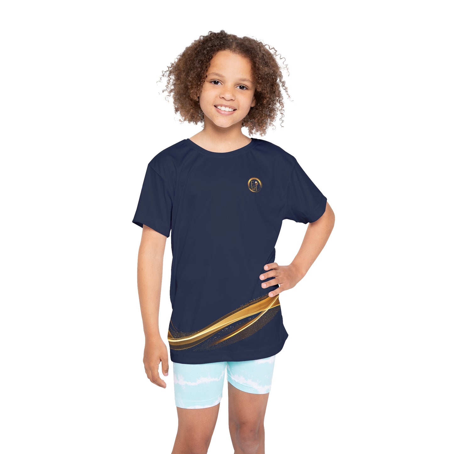 Child wearing a navy blue essence Innovation t-shirt with a gold stripe and light blue shorts on a white background