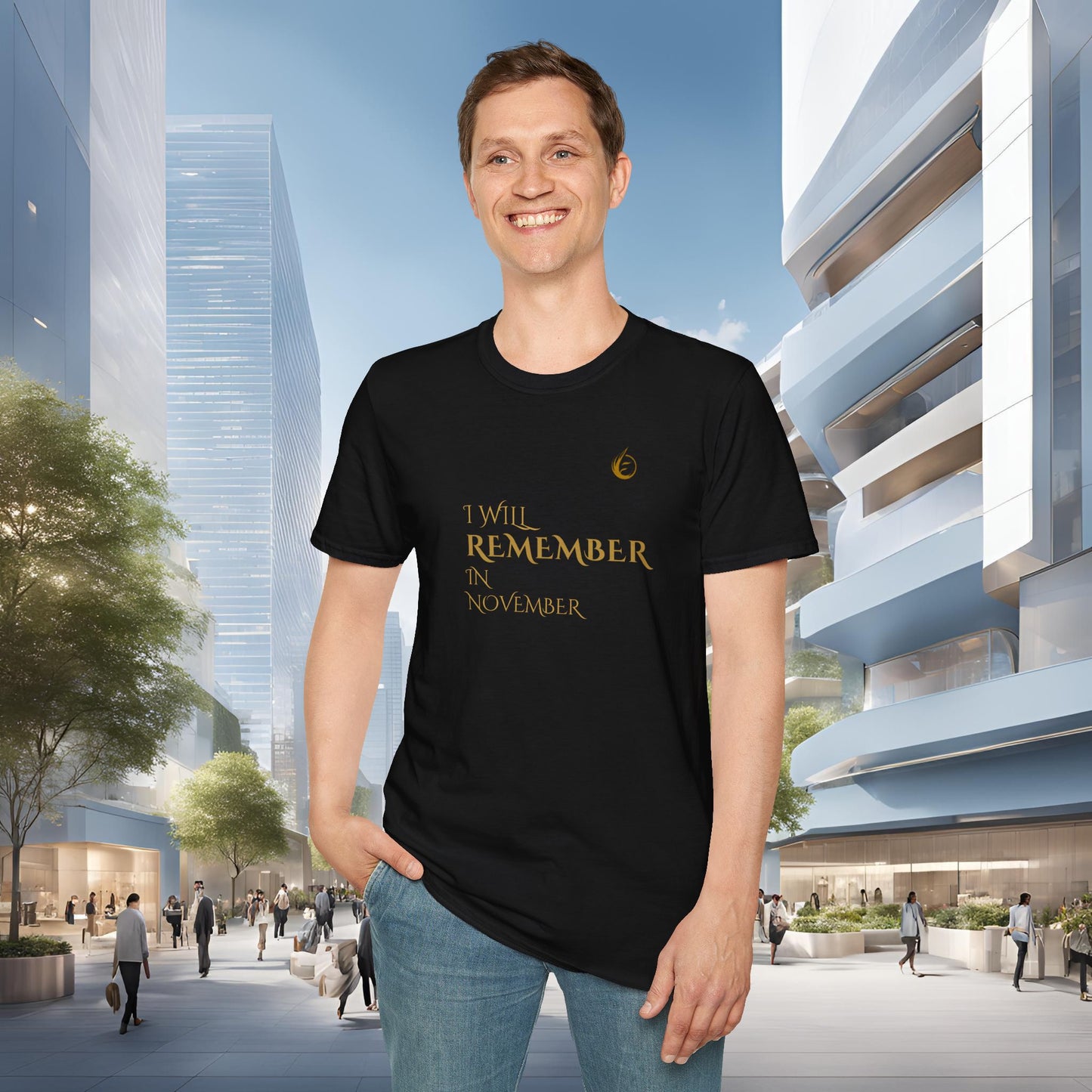 Person wearing a black EssenceInnoCreate Quiet Resolve t-shirt with text in an urban setting