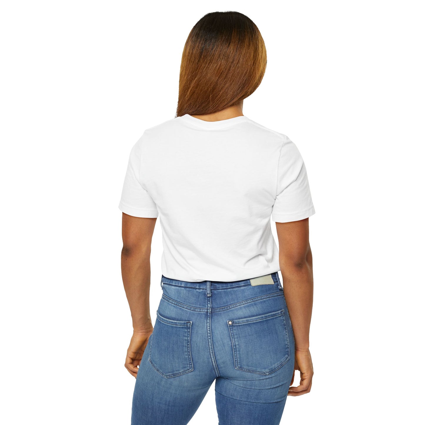Person wearing a white EssenceInnoCreate t-shirt and blue jeans on a white background