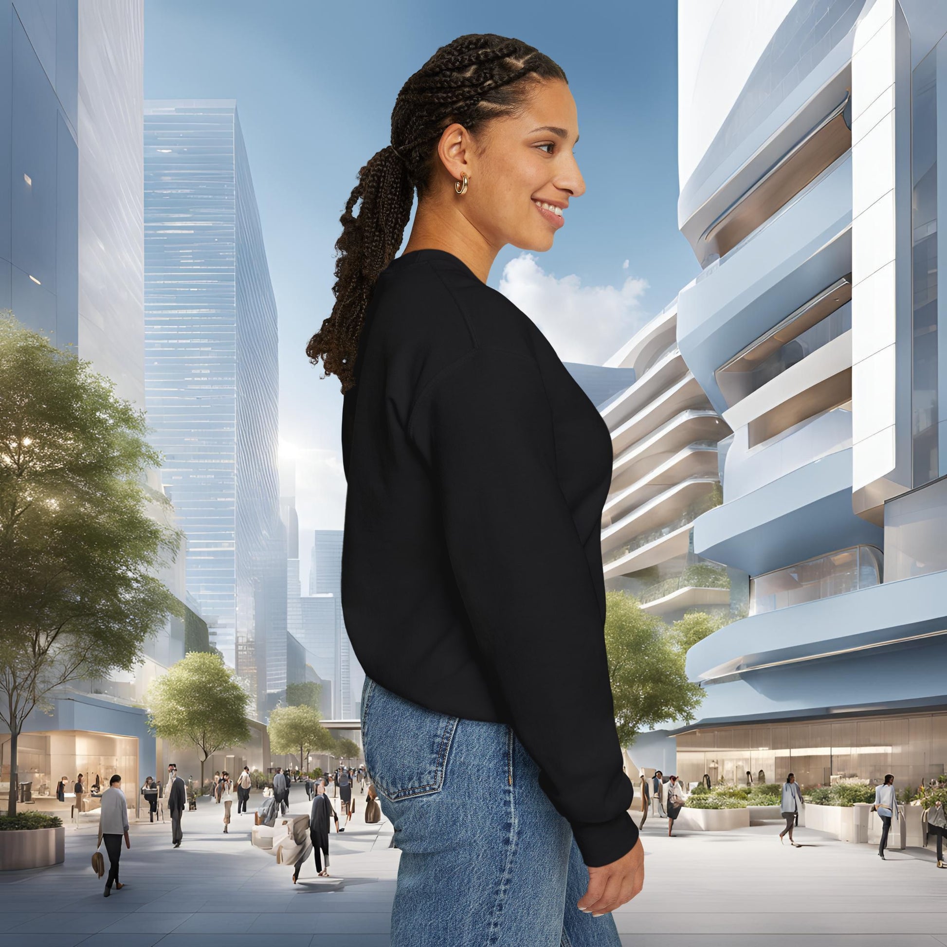 Woman in a black 'EssenceInnoCreate' sweatshirt and blue jeans standing in a modern cityscape with tall buildings and trees.