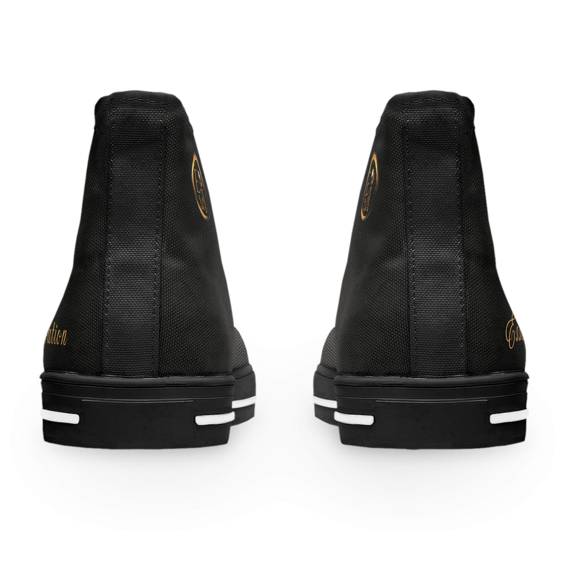 Black high-top 'Essence Innovation' sneakers with white soles on a white background