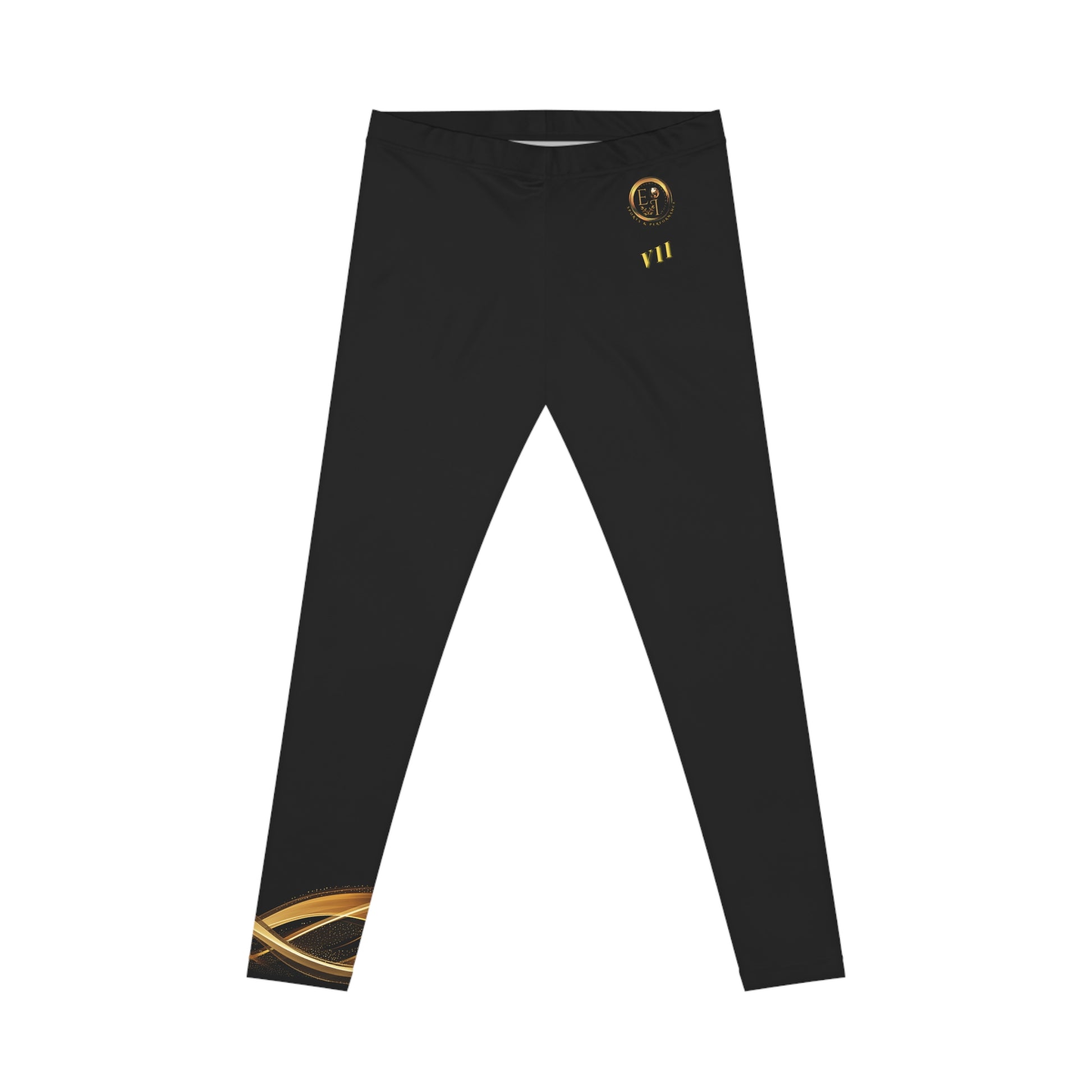 Black leggings with gold designs on a white background