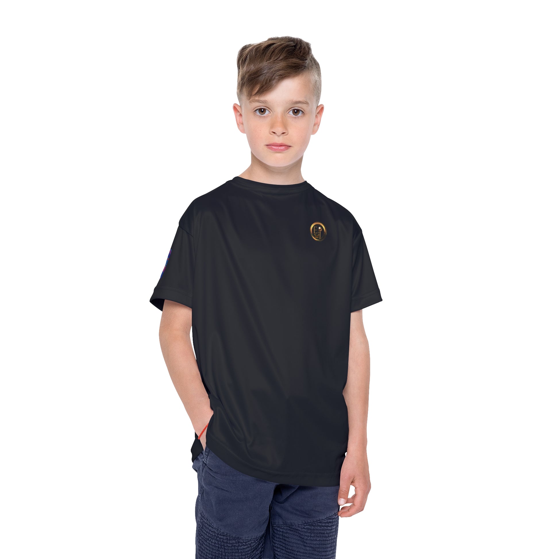 Child wearing a black Essence Innovation t-shirt with a logo on a white background