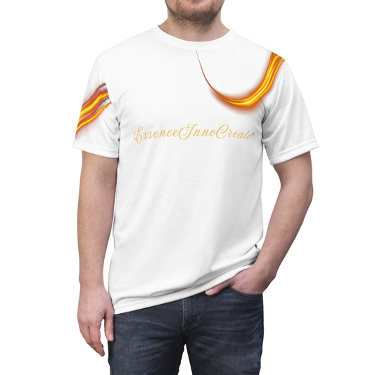 White t-shirt with yellow text and stripes worn by a person on a white background