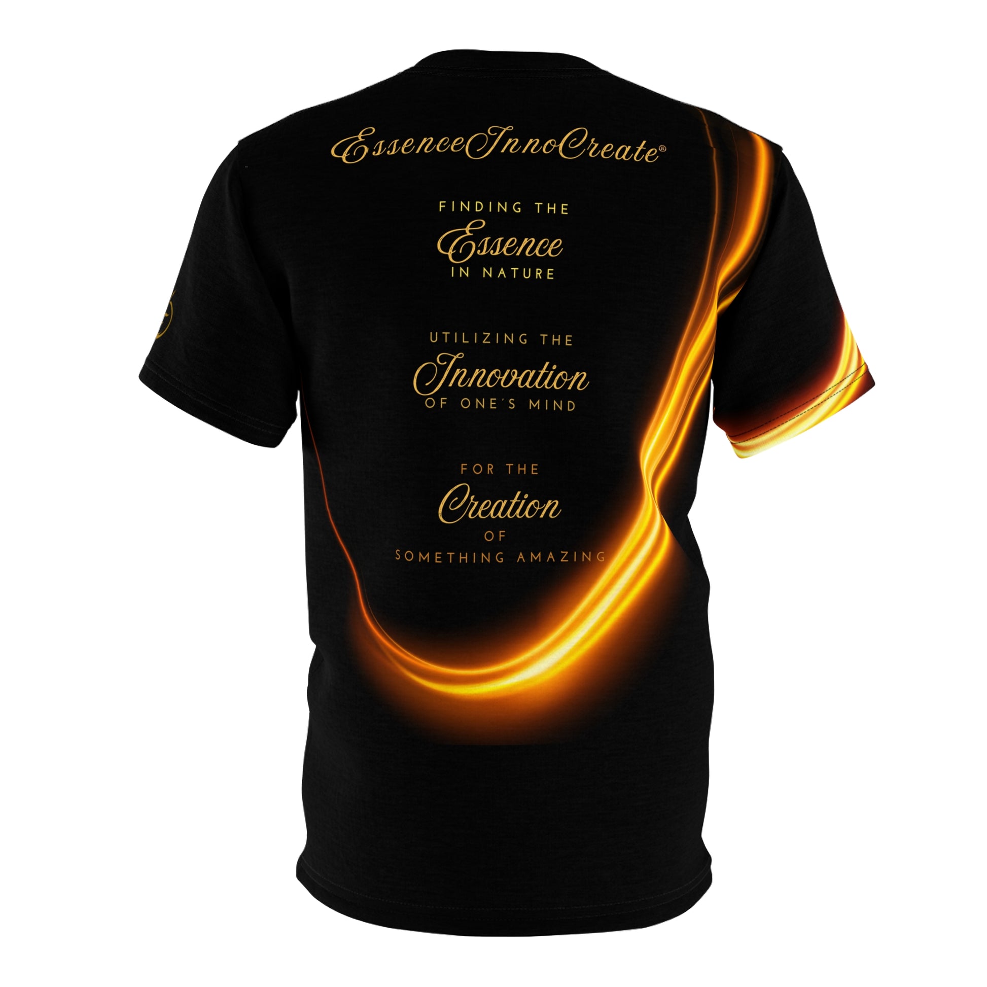 Black 'EssenceInnoCreate' t-shirt with glowing yellow design and text on a white background