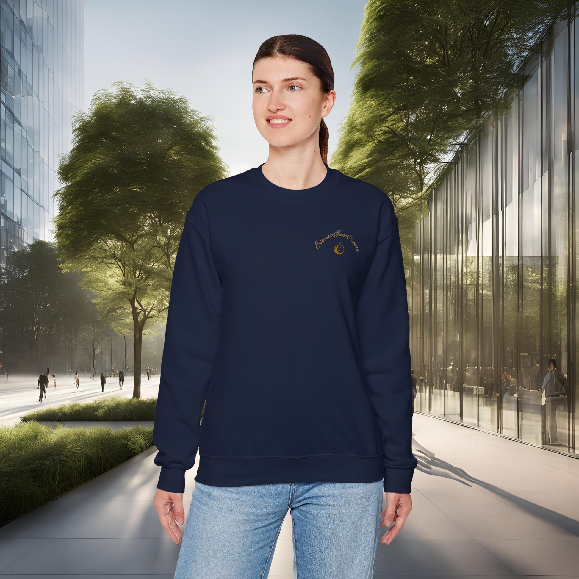 Woman wearing a navy blue sweatshirt with 'EssenceInnoCreate' logo in an urban setting
