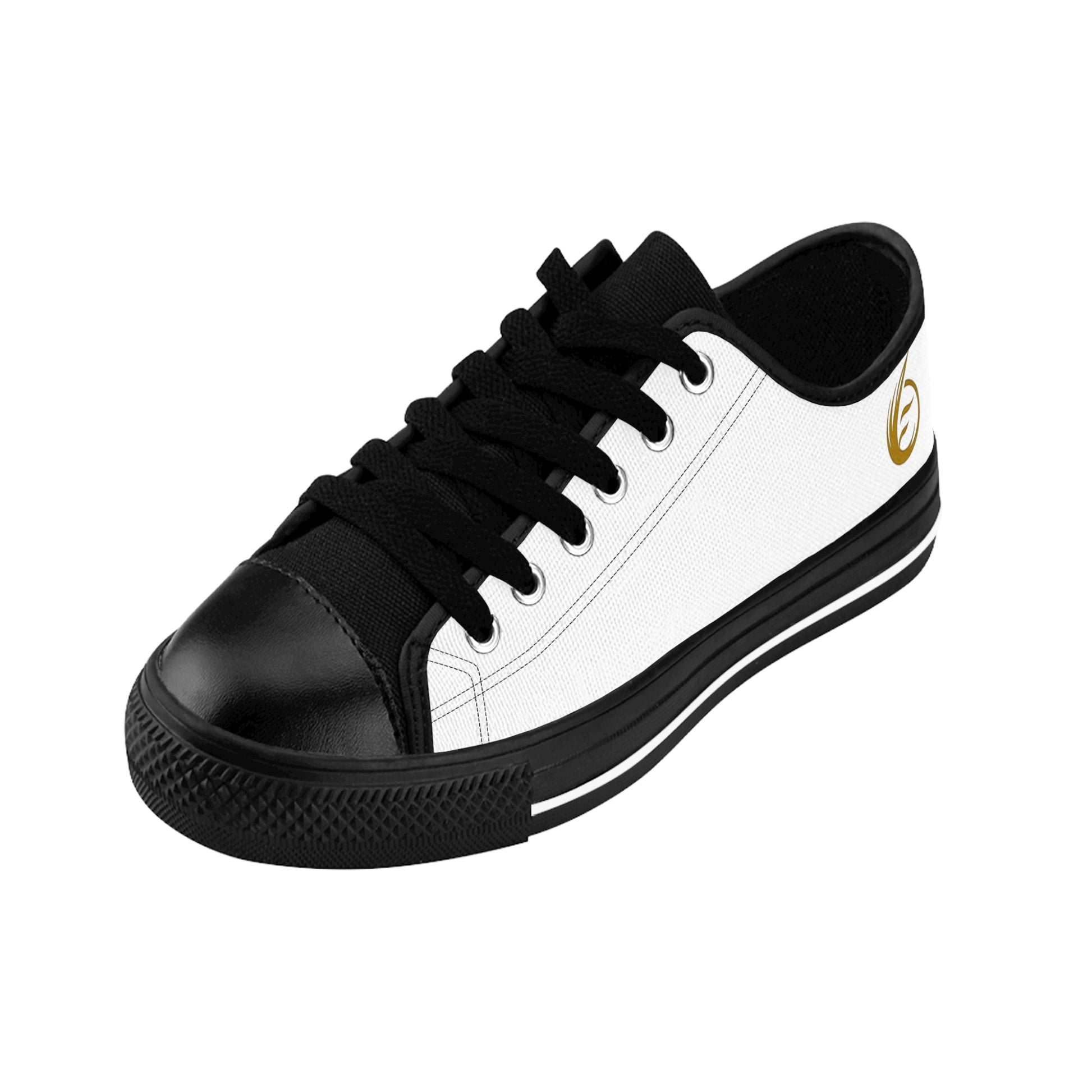Black and white EssenceInnoCreate sneaker with a gold logo on a white background
