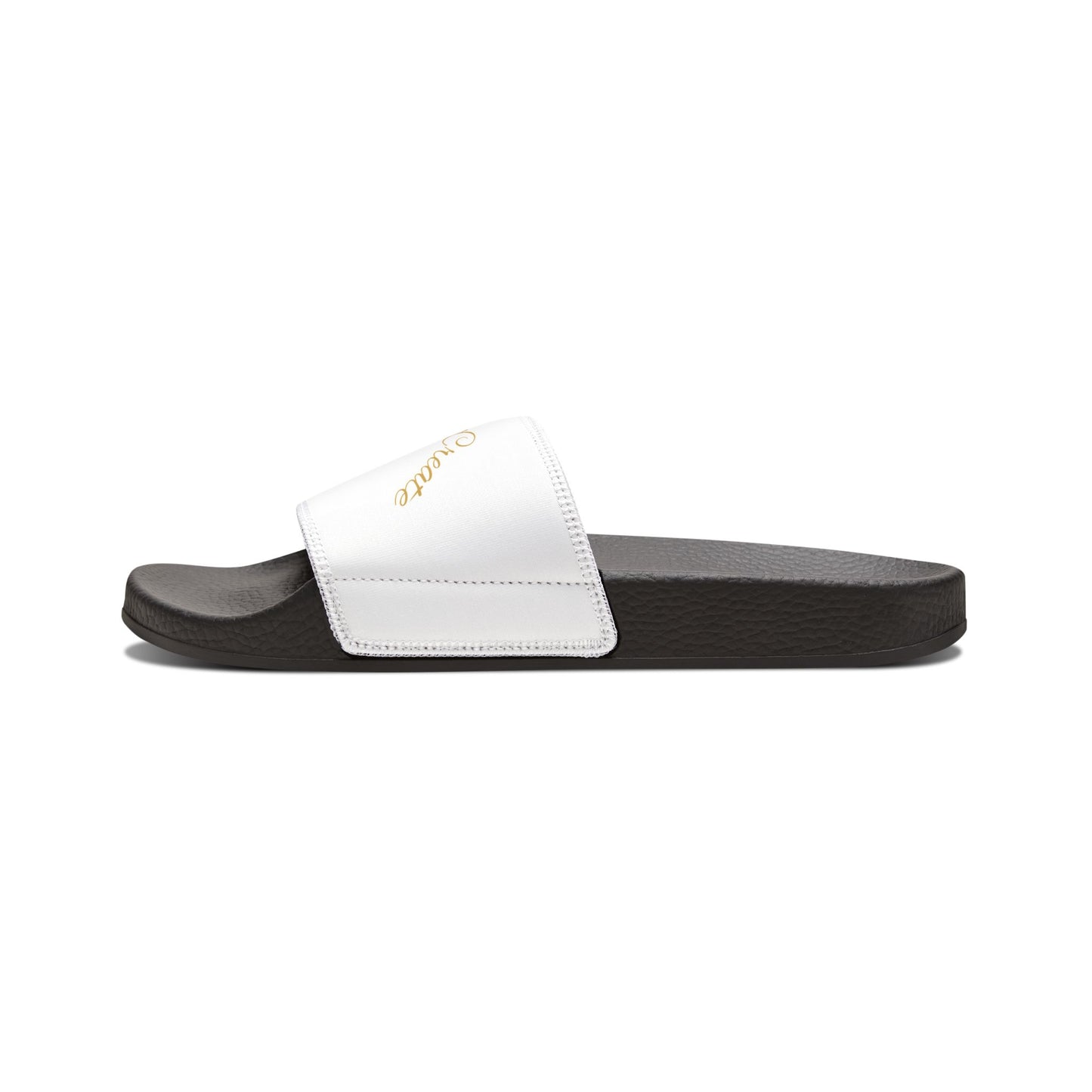 Black EssenceInnoCreate slides sandal with a colorful logo on a white background