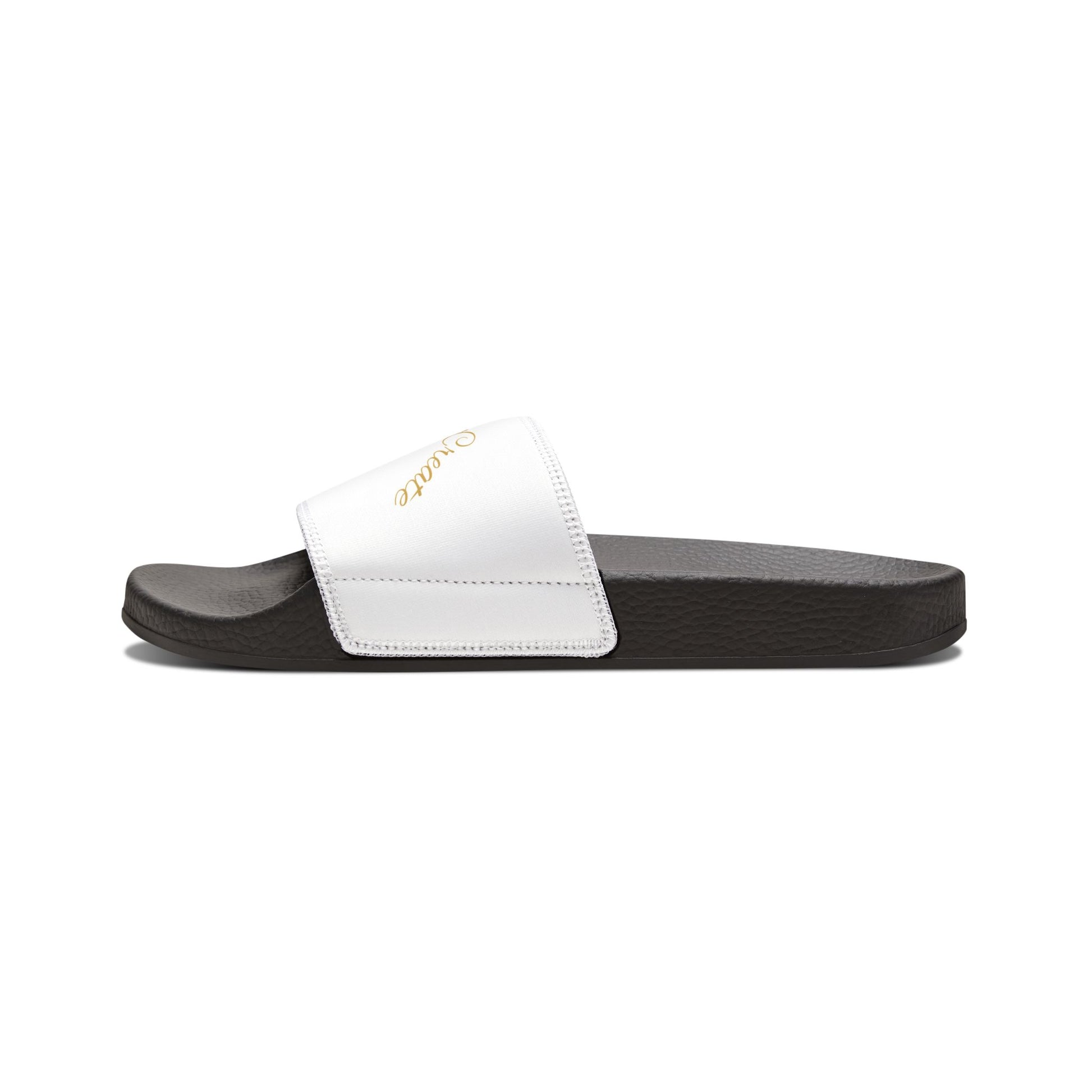 Black EssenceInnoCreate slides sandal with a colorful logo on a white background