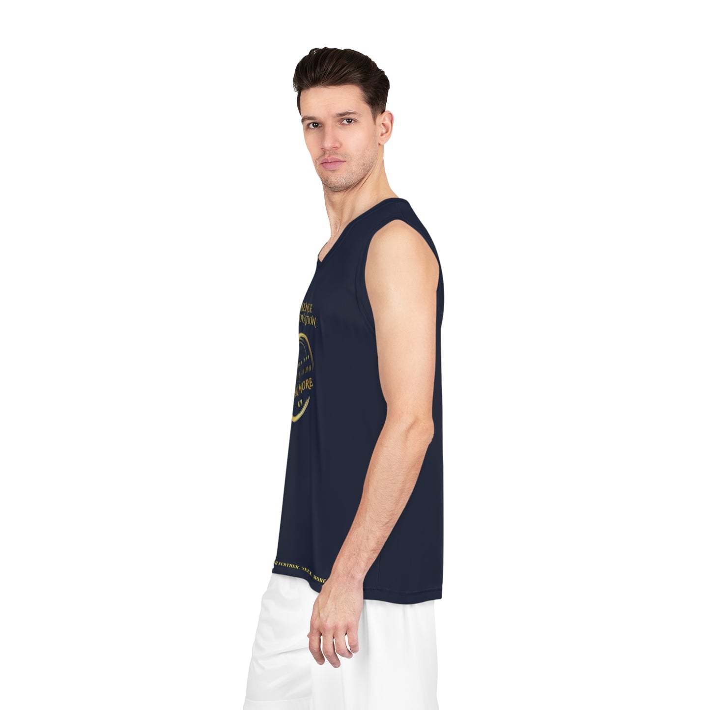 Man wearing a navy sleeveless shirt with a logo on a white background