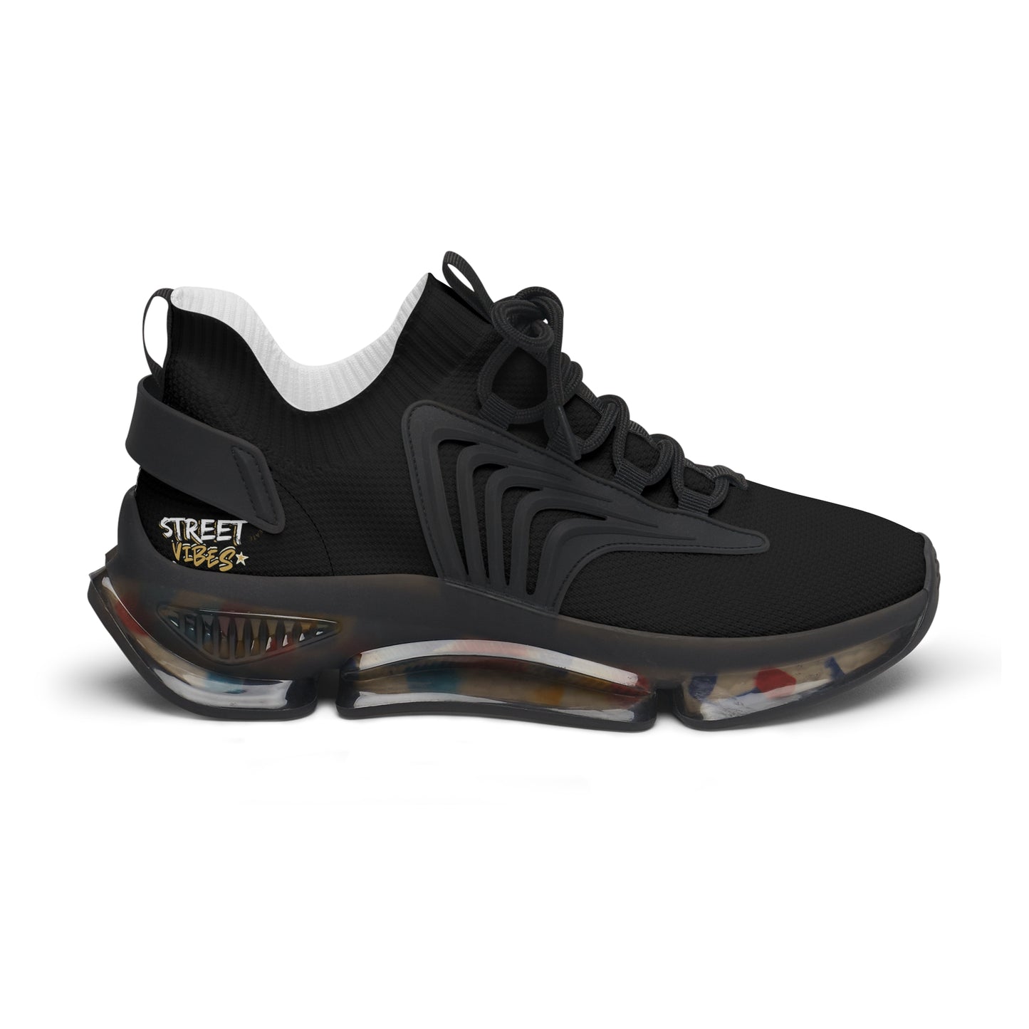 Black sneaker with a unique Essence Innovation 'Street Vibes' sole design on a white background
