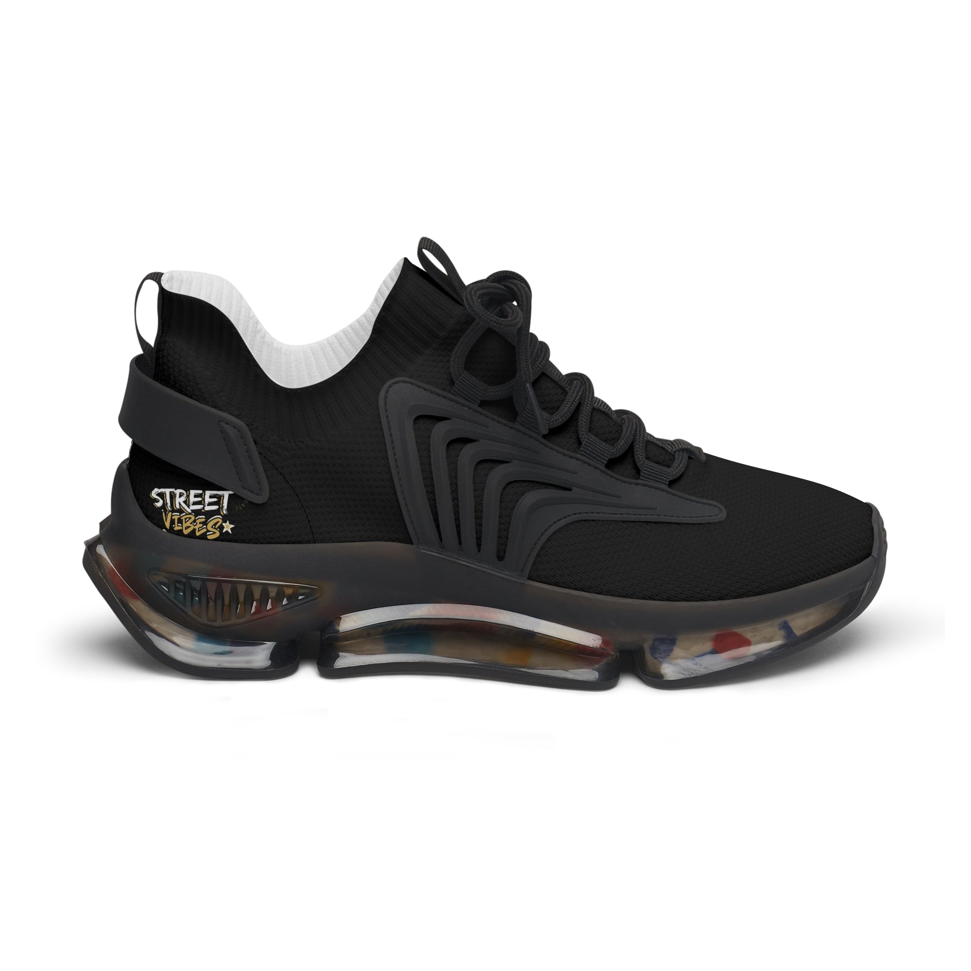 Black sneaker with a unique Essence Innovation 'Street Vibes' sole design on a white background