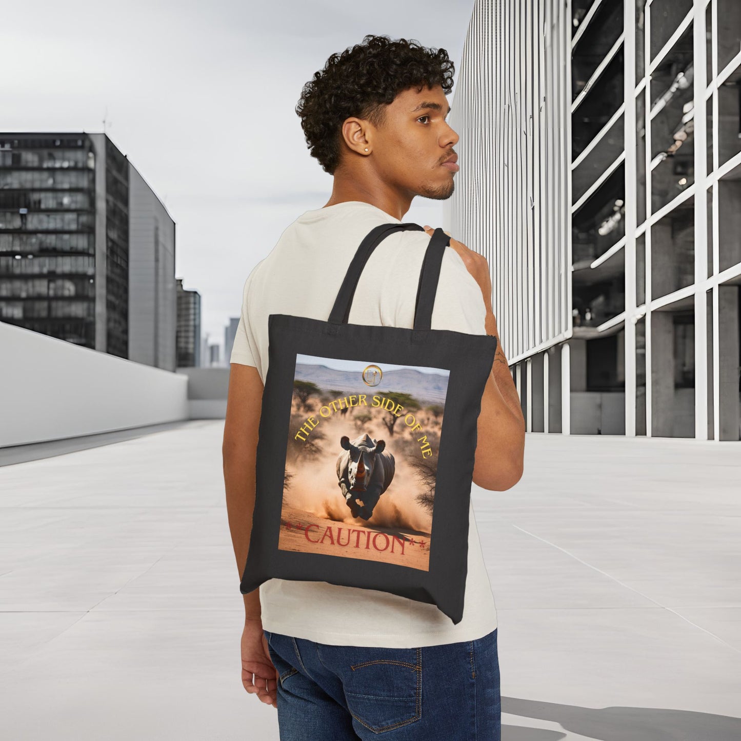 Caution Rhino Cotton Canvas Tote Bag, Eco-Friendly Shopping Bag, Animal Lovers Gift, Beach Tote, Adventure Carryall