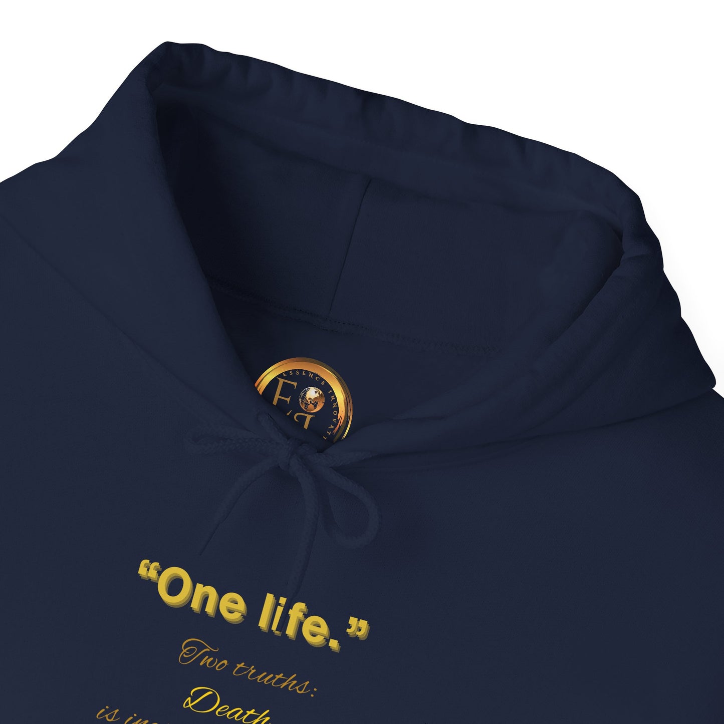 Navy blue Essence Innovation 'One Life' hoodie with yellow text and logo on a white background